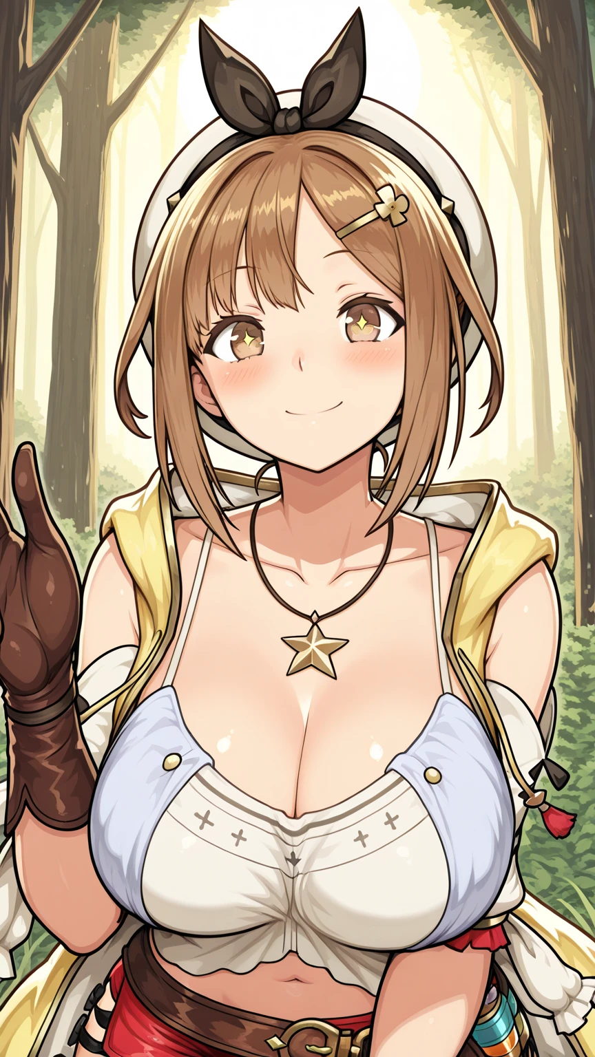 ultra-detailed,masterpiece,best quality,1girl,shiny eyes, ryza, short hair, hair ornament, thighs, hat, large breasts, white headwear, jewelry, shorts, thighhighs, short shorts, red shorts, necklace, cleavage, hairclip, braid, bare shoulders, gloves,close up,smile,outdoor, holding staff<lora:add_detail:1.3> <lora:ryza:0.7>