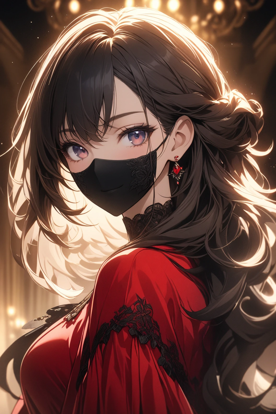character//light brown hair,yellow eyes,long hair with curls,With bangs,(eye size 1.6),(sexy face),BREAK//((wine red party dress:1.3)),((sheer sleeve)),BREAK//((Large red and black roses fill the screen:1.6)),((rose petals are dancing:1.3)),((Masquerade:1.45)),((close up of face:1.3)),((NSFW)),((I lean forward and see my cleavage.)),((small breasts:1.2)),((phantom mask on face:1.4))
