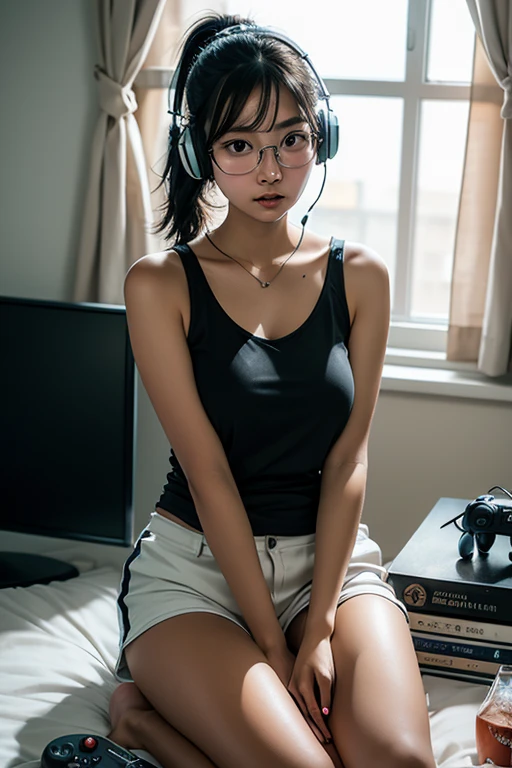 female character, revolutionary, communist, microphone, headphones, working computer, room, dim light, lamp, Cyber Punk, frontal position, night, bluish environment with orange lights. Windows open, view of the city through the window. more realistic hair, glasses, more comfortable clothes, night city, underwear, improve the details of the hands, perfect and well-balanced eyes, looking at the computer screen, tightening fingers