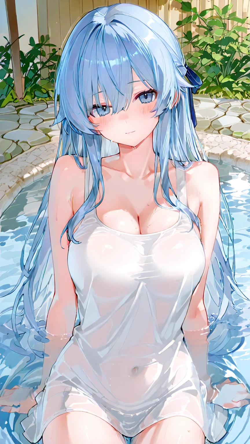 voroshilov, naked towel, 1girl, breasts, towel, large breasts, looking at viewer, solo, onsen, cleavage, wet, sitting, water, blush, parted lips, smile, collarbone, thighs, sunlight, bathing, outdoors, rock, partially submerged,
