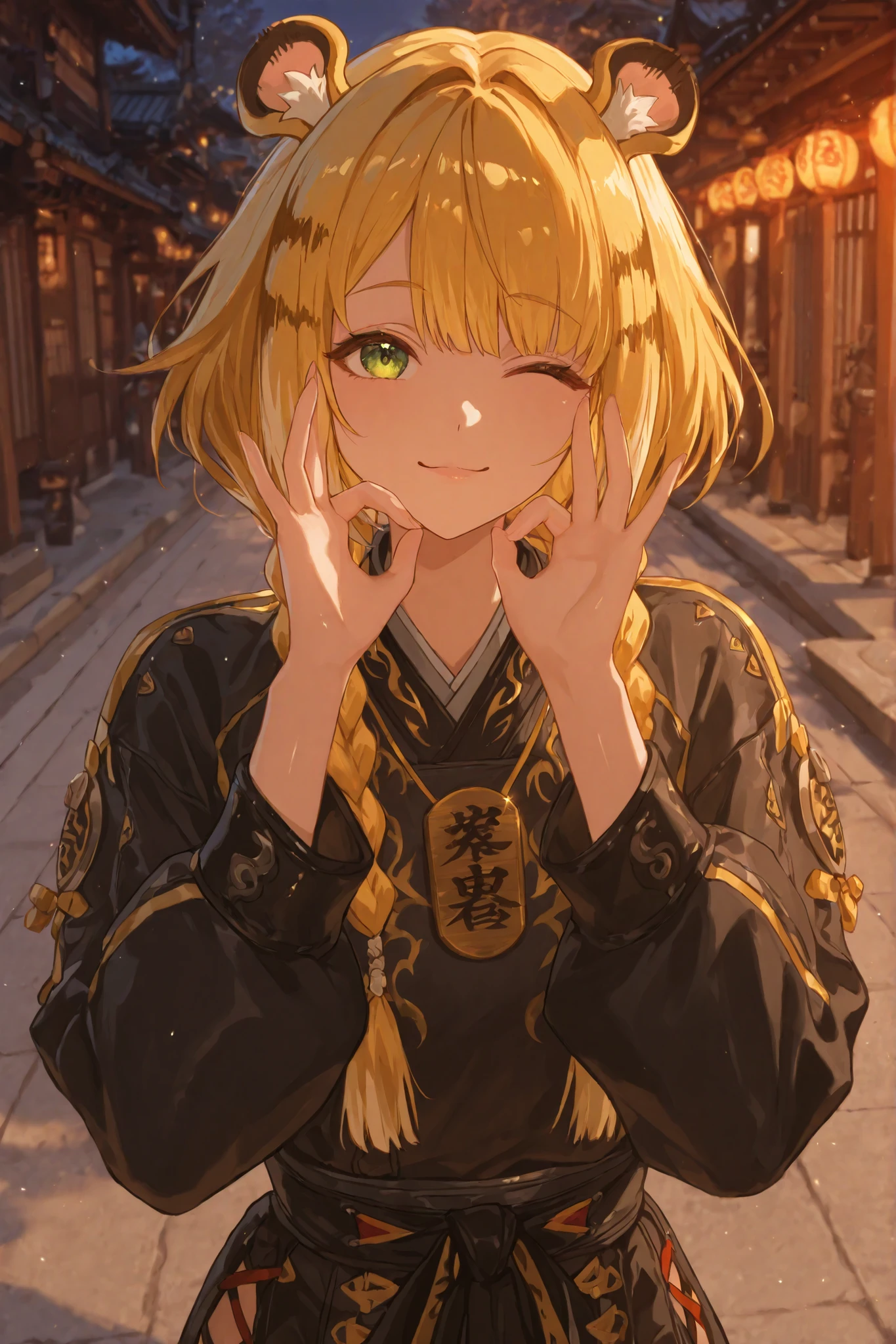 A vibrant anime-style illustration depicts a young woman with shiny gold hair styled in braids that flow vigorously behind her, with small, round tiger ears. Her fringe is nicely cut across her forehead, and she uses a playful expression, blinking with your green eyes as you raise your hand in a cheeky gesture. Ela She is dressed in yellow and black clothing that recalls a traditional Japanese martial arts uniform, embellished with intriguing patterns and elements, such as shoulder protectors and ornate seams. A Japanese kanji badge adorns her chest, adding cultural depth. The background presents an urban street scene with traditional architecture, suggesting a mix of modern anime with historical influences. The lighting is bright and cheerful, creating a lively and dynamic atmosphere. Your expression and clothing convey a sense of confidence and confidence youthful enthusiasm, personagem Ju fufu