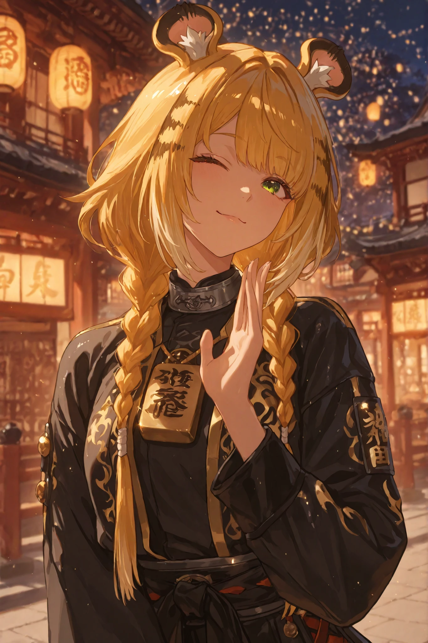 A vibrant anime-style illustration depicts a young woman with shiny gold hair styled in braids that flow vigorously behind her, with small, round tiger ears. Her fringe is nicely cut across her forehead, and she uses a playful expression, blinking with your green eyes as you raise your hand in a cheeky gesture. Ela She is dressed in yellow and black clothing that recalls a traditional Japanese martial arts uniform, embellished with intriguing patterns and elements, such as shoulder protectors and ornate seams. A Japanese kanji badge adorns her chest, adding cultural depth. The background presents an urban street scene with traditional architecture, suggesting a mix of modern anime with historical influences. The lighting is bright and cheerful, creating a lively and dynamic atmosphere. Your expression and clothing convey a sense of confidence and confidence youthful enthusiasm, personagem Ju fufu