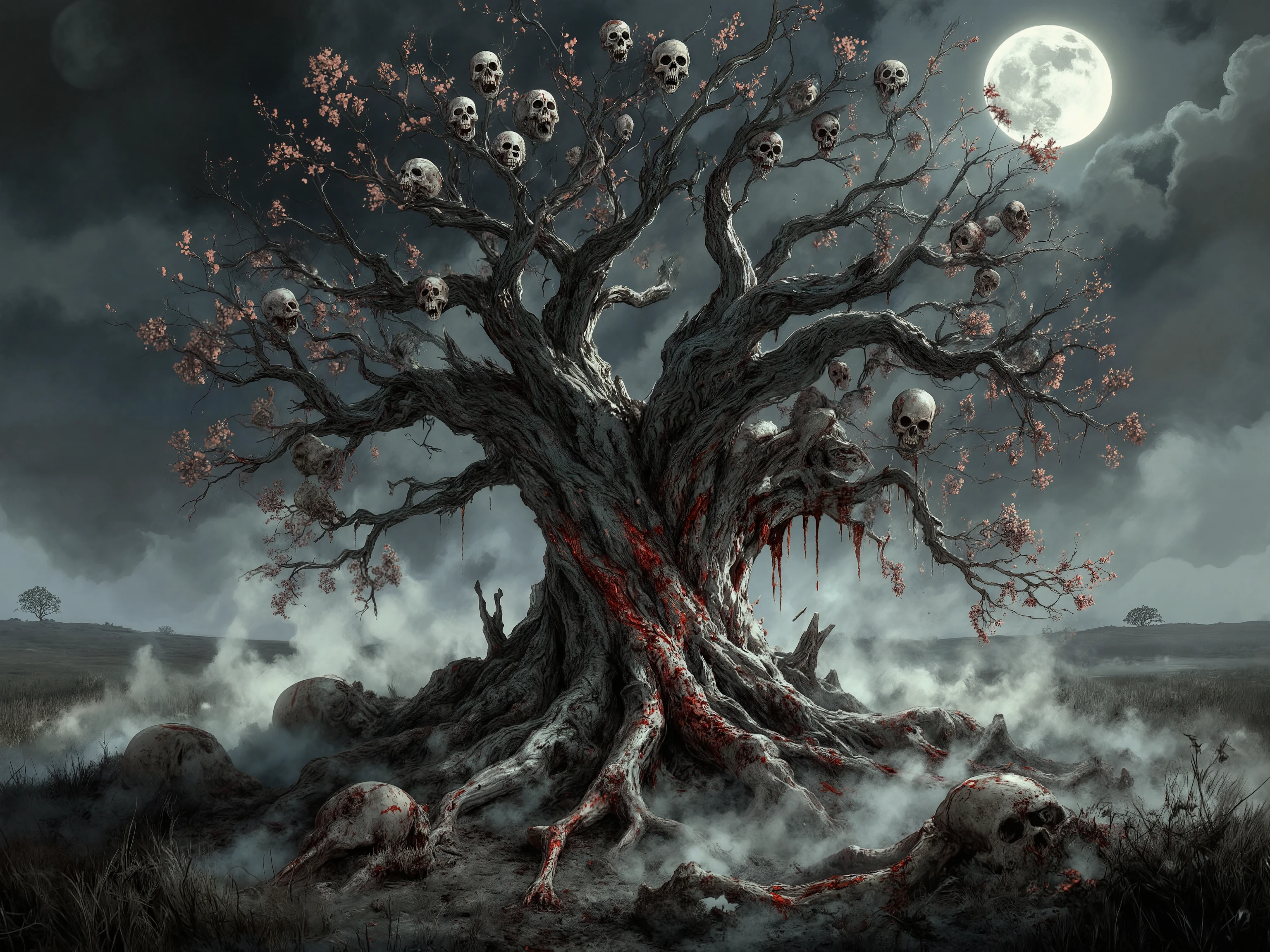 Masterpiece, best quality, ultra-detailed dark fantasy horror scene: a massive, twisted cursed tree stands at the center of a desolate field, its sprawling branches heavy with countless human skulls blooming like grotesque fruit. The gnarled bark is streaked with deep crimson stains, and a faint, otherworldly groan seems to rise from the ground itself. Beneath the tree, the earth is littered with corpses and partially exposed rotting limbs, their decayed forms blending into the soil.
A dense, foul mist swirls around the roots, carrying the imagined stench of rot and blood. The atmosphere is oppressive and eerie, the pale moon casting long, sharp shadows across the macabre landscape. The scene is rendered with ultra-fine detail—every crack in the bones, every fissure in the bark, every glistening droplet of decay—enhanced by dramatic lighting and a muted, desaturated color palette. The result is a haunting, unforgettable image of corrupted nature and death.