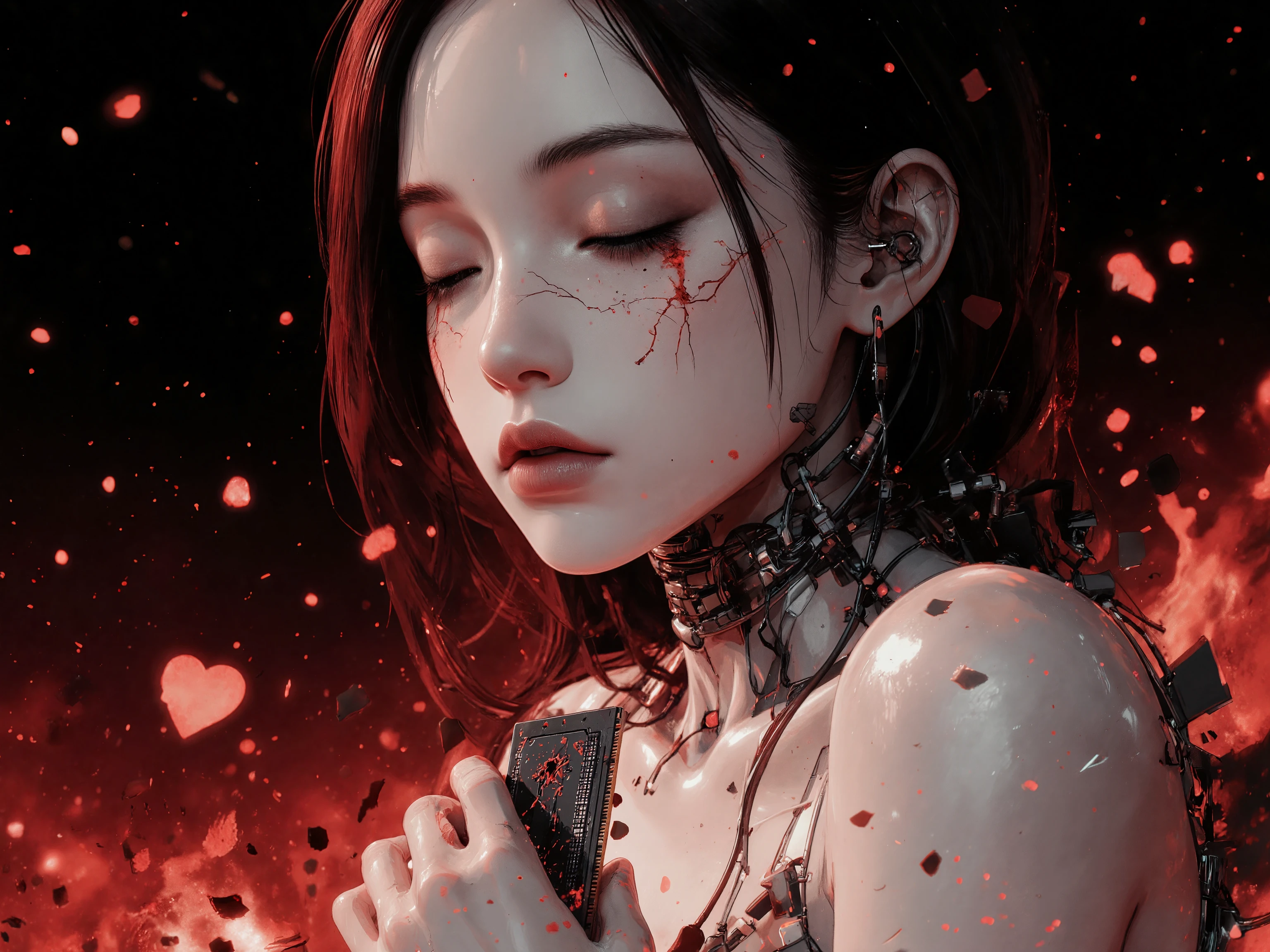 a pale android girl sitting alone in an infinite crimson and black void, surrounded by gently falling glitch particles like burning embers, her eyes closed, wires from her back vanishing into the red-hued darkness, holding a cracked memory chip close to her chest, remnants of a broken love song floating as faint blood-red notes, color palette of deep crimson, obsidian black, and soft maroon glow, ambient low lighting, extreme silence visualized through suspended ash and still shadows, close-up profile angle, cinematic and tragic atmosphere, inspired by dark surreal romanticism and ambient horror