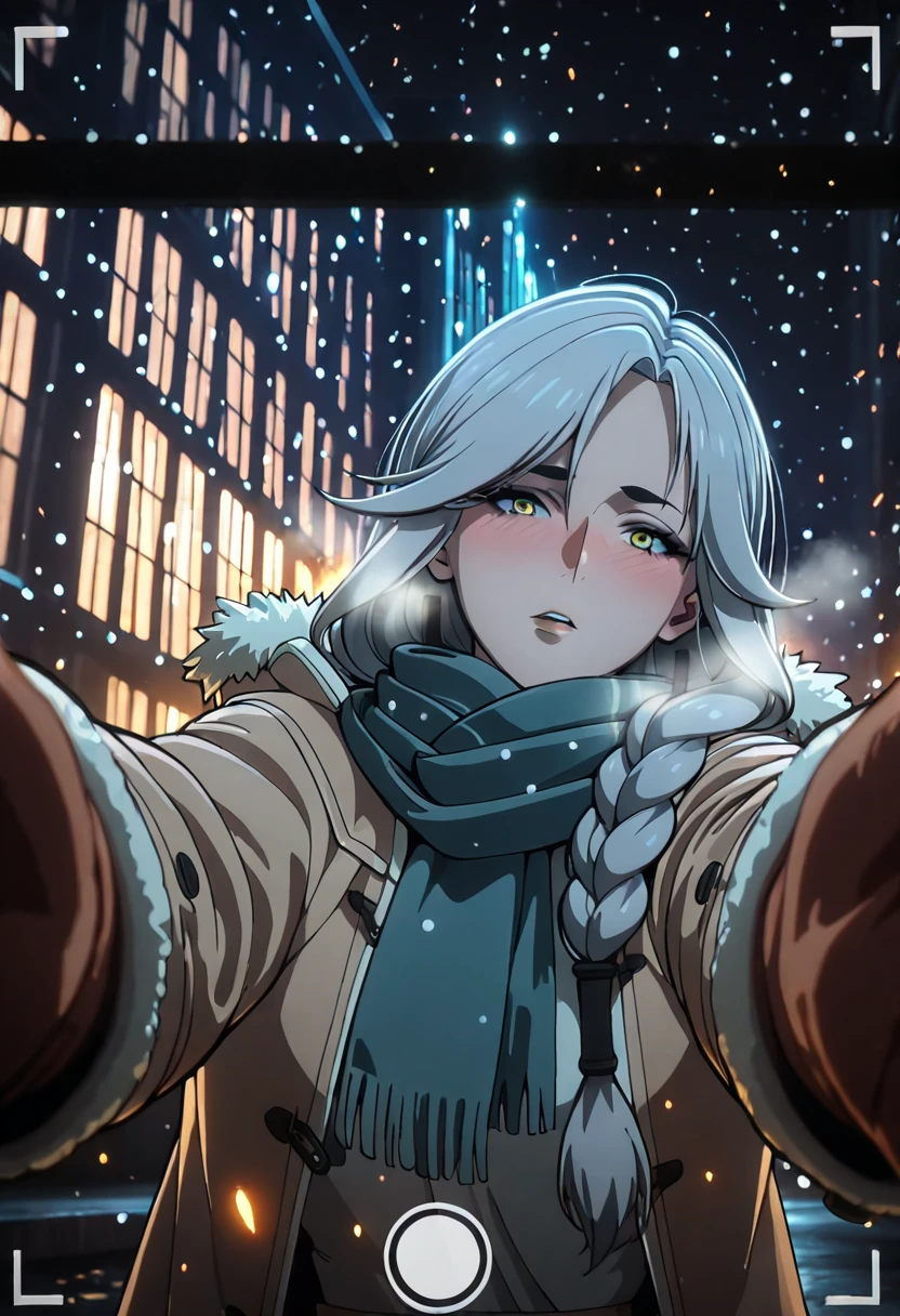 (jam-orbital-style:1.2), (zonda_(solid_air)-style:1.2), ((anatomical correct)), ((Cinematic, unreal engine, eye-catching, ambient occlusion, UHD, masterpiece)), ((perfect lighting, soft shadow)), perfect body, perfect eyes, perfect fingers, gasping, heavy breathing, gasping profusely, (()), ((curvy)), mature female,long hair,grey hair,braid,yellow eyes, (voluptuous:1.5), (mature female:1.5), 1girl, blush, scarf, looking_at_viewer, breath, solo, coat, night, embarrassed, fur_trim, snowing, winter_clothes, fur-trimmed_coat, outdoors, pov, jacket, city, cold, motion blur, viewfinder, embers, parted lips