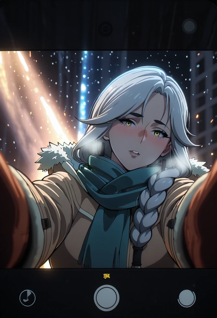 (jam-orbital-style:1.2), (zonda_(solid_air)-style:1.2), ((anatomical correct)), ((Cinematic, unreal engine, eye-catching, ambient occlusion, UHD, masterpiece)), ((perfect lighting, soft shadow)), perfect body, perfect eyes, perfect fingers, gasping, heavy breathing, gasping profusely, (()), ((curvy)), mature female,long hair,grey hair,braid,yellow eyes, (voluptuous:1.5), (mature female:1.5), 1girl, blush, scarf, looking_at_viewer, breath, solo, coat, night, embarrassed, fur_trim, snowing, winter_clothes, fur-trimmed_coat, outdoors, pov, jacket, city, cold, motion blur, viewfinder, embers, parted lips