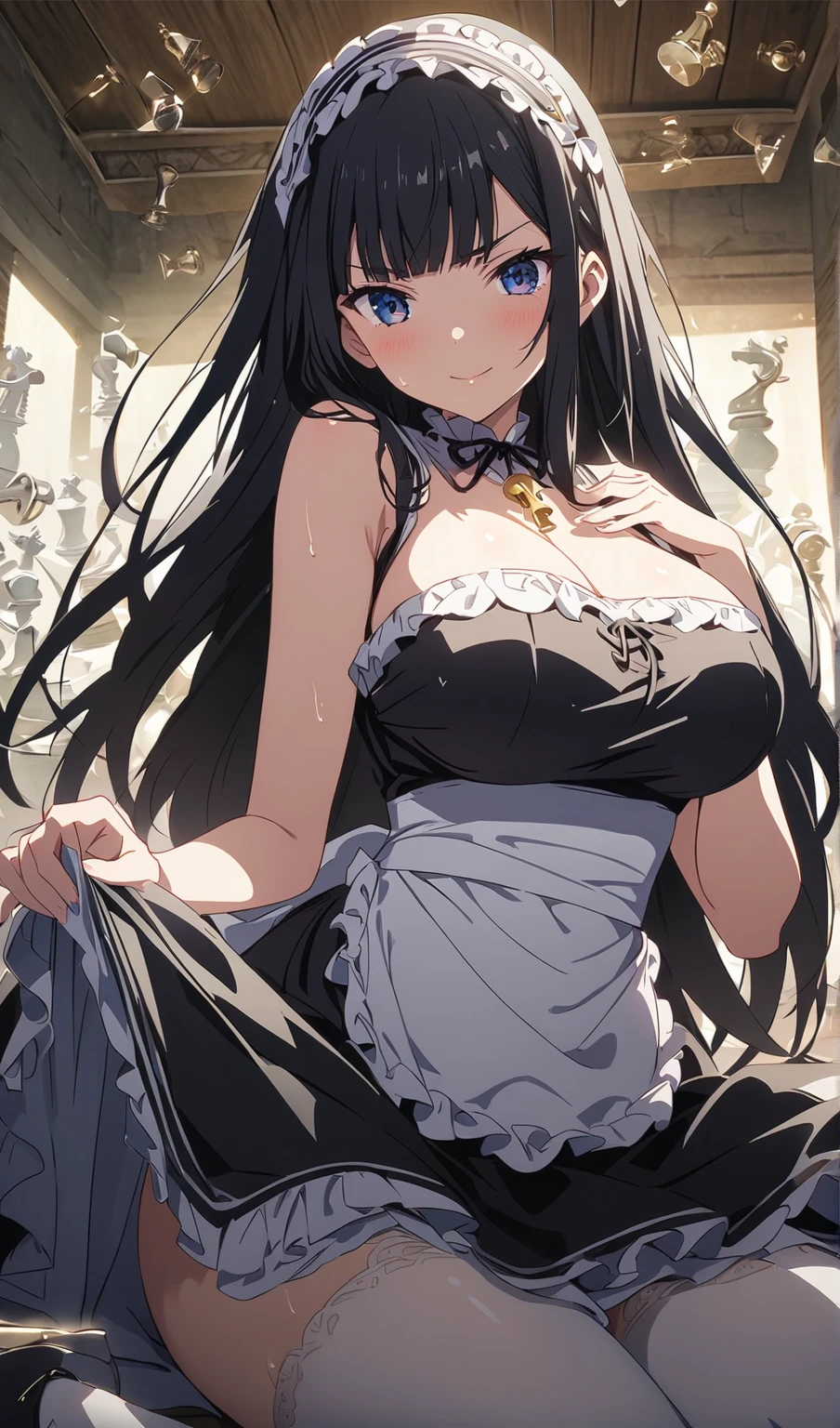 1girl, anime, cute girl, blank background, white background, fantasy, detailed dark fantasy dress with highlights, beautiful face, beautiful eyes, dark colors, black hair, twintails, green eyes, medium breasts, slight cleavage, beautiful skin, cute, breast curtains, extremely delicate and beautiful, (beautiful detailed face:1.0), (detailed deep eyes), symmetrical breasts, deep eyes, shiny skin, portrait, slender waist, hips wider than shoulders, thighs, young girl