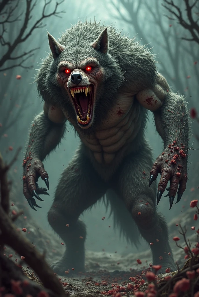 Night photo of a creature with human face mexican male, black coyote body,human hands and feet,sharp fangs covered by blood,red glowing eyes