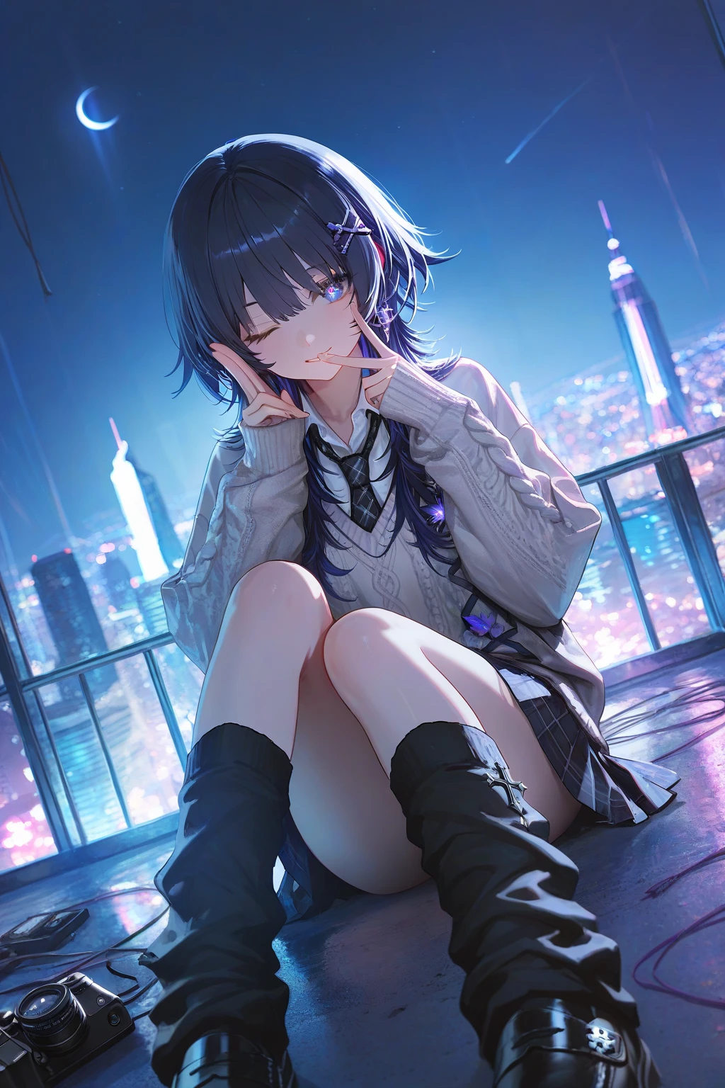 (masterpiece, highest quality:1.2), One girl,Blue pubic hair catches my eye、High resolution、highest quality、Illustration Style、pretty girl、Purple long hair、Sparkling Eyes、lipstick、Skeleton dress、rain、Rain,Wet Hair、Wet clothes、See-through underwear、Purple underwear、Pussy、Detailed、rainbow、purple theme、Flip up the skirt、squat、Look up to the sky、Look Up、Closed Mouth、Silent Woman
