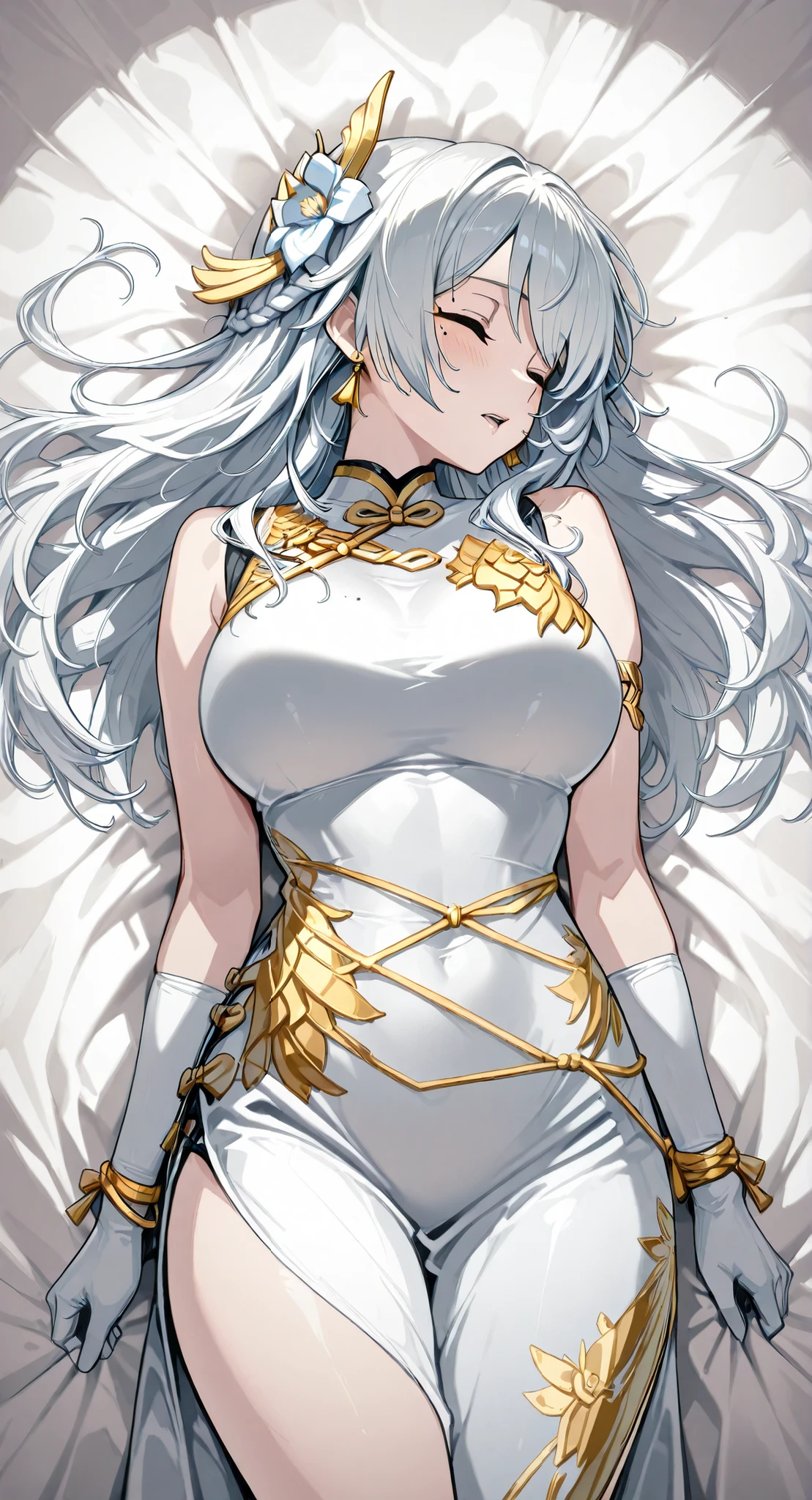 mole under eye、Armlet for left arm、bracelet for right wrist、sleeveless china ,anime girl Picture of a woman with long white hair and a flower in her hair, gray hairの deity, Anime Goddess, gray hairの, gray hairの lady, gray hair, Zodiac knight portrait girl lying on her back with her whole body, Haise Jinyao, Genshin Character、Keking, Full Body Senxia , Pictures of Women with Long White Hair Bound at the Back, Picture of a woman with long white hair, perfect gray hairの girl,large breasts with good shape,thin waist,mole under eye,long gloves,earrings,no background,moist eyes、kind eyes、kind expression、Blush、Shy、Slightly Open Lips Very large bed、my whole body lies on a white sheet、white shirt {x} with eyes closed、grabbing the sheets The hair bundled in the back is a braid, cowboy shot with a close cute face、 from above、 Feet outside the frame、 first-person view、, from side, wide shot, rotated, fisheye