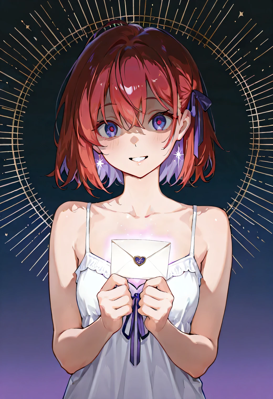 masterpiece,top quality,Super Detail,8k,pop design, yandere, 1girl, letterを持つ女の子 red hair cute white camisole ribbon simple background Blue and purple, letter, glow, night style, golden ratio, fibonacci composition, night mode
