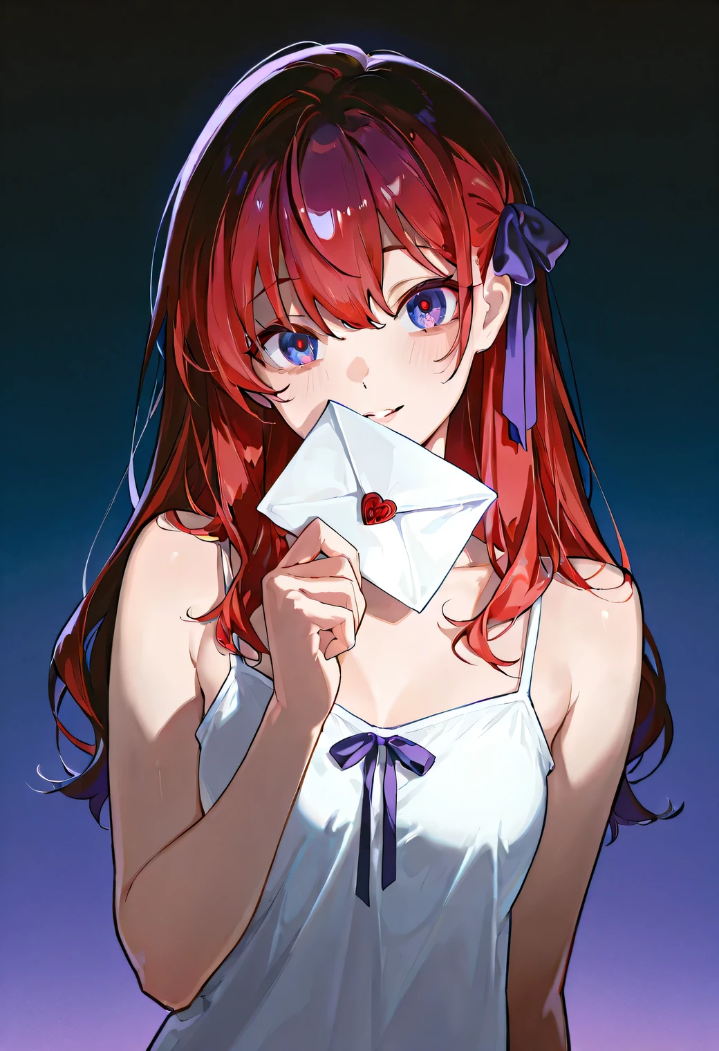 masterpiece,top quality,Super Detail,8k,pop design, yandere, 1girl, letterを持つ女の子 red hair cute white camisole ribbon simple background Blue and purple, letter, glow, night style, golden ratio, fibonacci composition, night mode