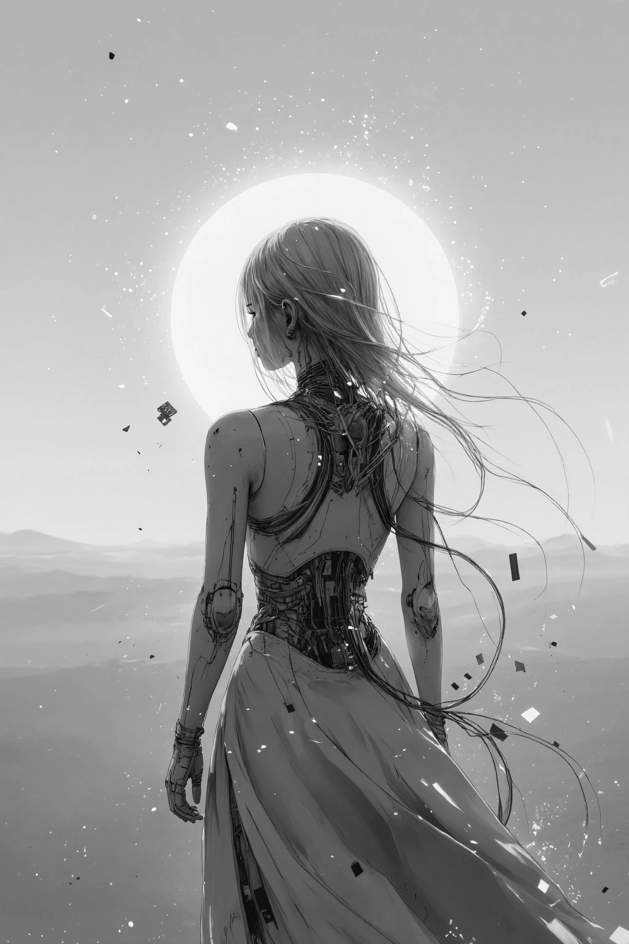 a pale android girl standing alone in an infinite monochrome void, seen from behind, her long hair gently drifting in the still air, wires extending from her back vanishing into the horizon like fading thoughts, glitch particles falling like slow, silent ash, her posture motionless yet fragile, the cracked memory chip held loosely in one hand at her side, grayscale palette with soft backlighting creating a halo-like rim light around her silhouette, high-resolution cinematic composition, evoking quiet resignation and the echo of memory