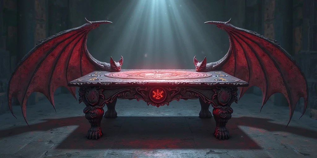 Outward Rune Table Stylized 2D horizontal table with large bat wings extending from both ...