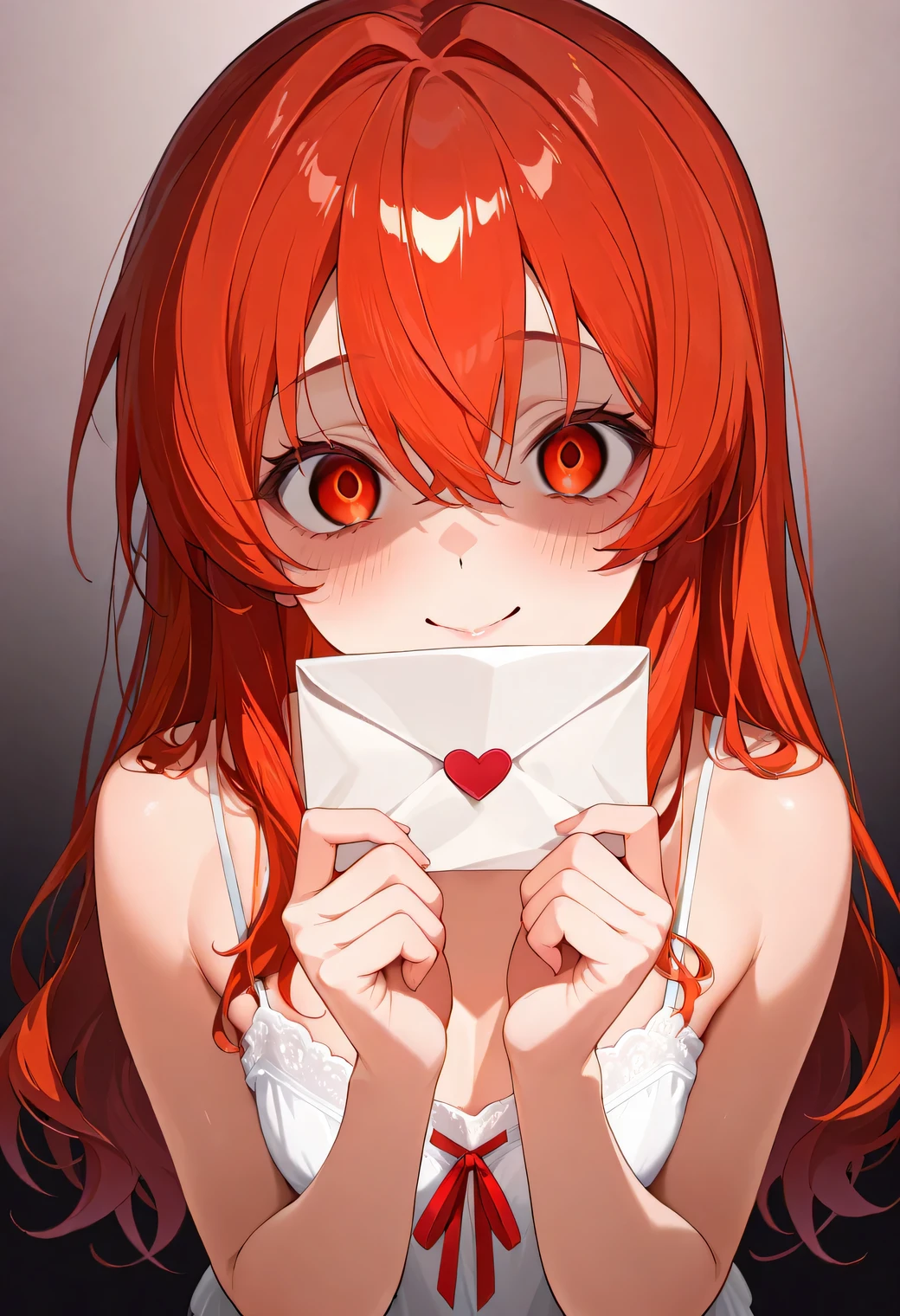 masterpiece,top quality,Super Detail,8k,pop design, Kagari, yandere, 1girl, letterを持つ女の子 red hair cute white camisole ribbon simple background Orange and Red, letter, glow, night style, golden ratio, fibonacci composition, night mode, love letter