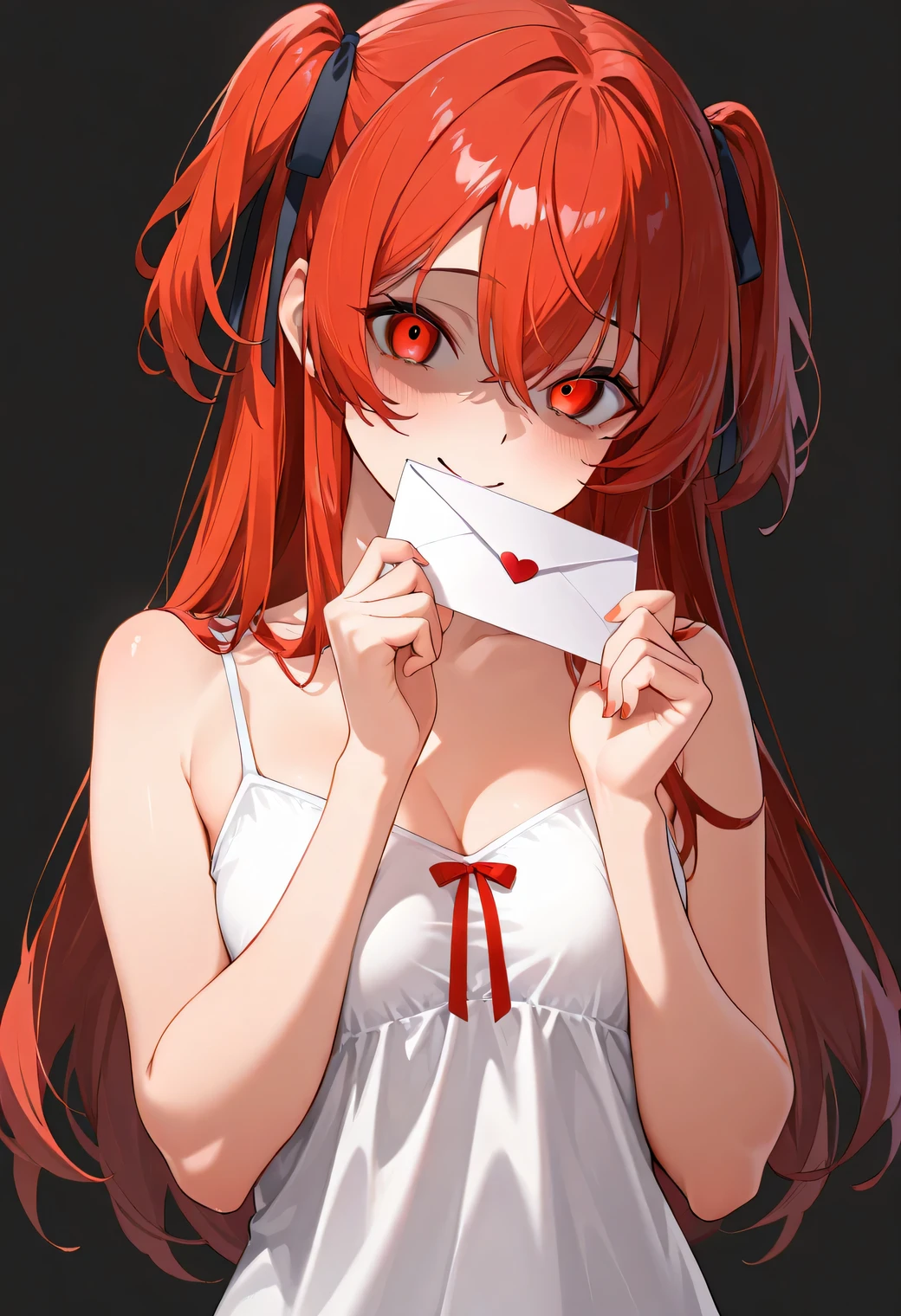masterpiece,top quality,Super Detail,8k,pop design, Kagari, yandere, 1girl, letterを持つ女の子　 red hair 　cute　white camisole　ribbon　simple background　Orange and Red, letter, glow, night style, golden ratio, fibonacci composition, night mode, love letter