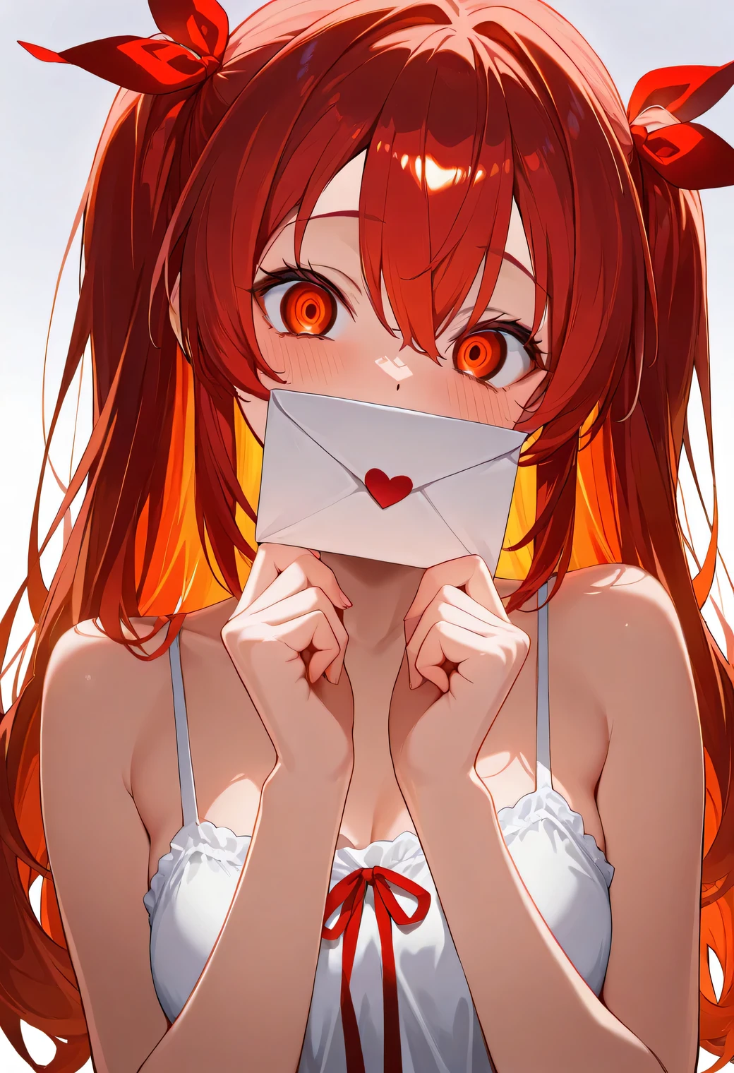 masterpiece,top quality,Super Detail,8k,pop design, Kagari, yandere, 1girl, letterを持つ女の子 red hair cute white camisole ribbon simple background Orange and Red, letter, glow, night style, golden ratio, fibonacci composition, night mode, love letter