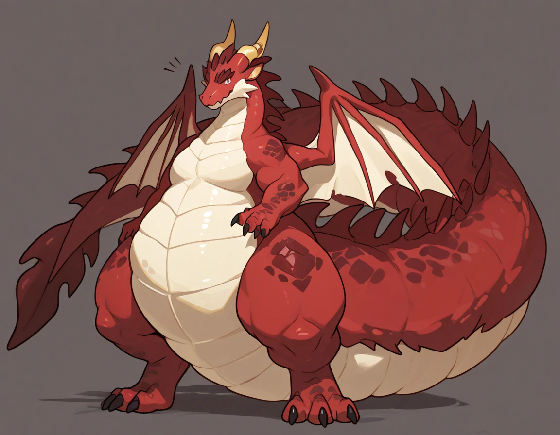 Detailed photo, by Taran Fiddler, solo, dragon, full body, feral, stocky dragon, orangish bright red scales, fiery personality, wings, fat, weight gain, feral, huge hips, huge tight, perfectly fat, fat neck, fat arms, fat cheeks, thick fat tail