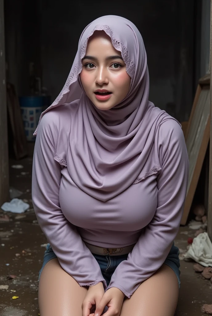 1 malay girl pregnant 9 month modern plain hijab, shy, medium portrait shot , watery eyes , big eyes, pink glowing particles, wearing baju kebaya pastel light lilac, (( big breast)), lilac light bokeh background, proportional body,