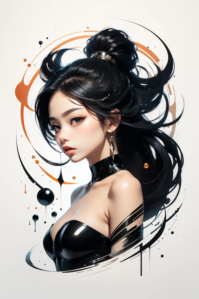 Close up of a woman with white hair and tattoos, detailed long black hair, curly dark hair, swirling black hair, black long curly hair, curly dark hair, Long dark hair and swirls, with black curled hair, Complex curly hair with long hair, Long black curly hair, Brunette and swirl, Meticulous woman, with black curled hair, Beautiful artwork