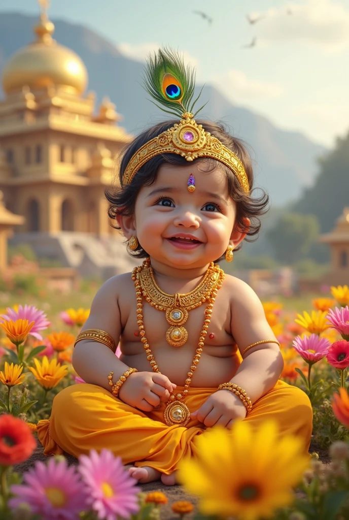 Create an image of a one year old indian baby boy sitting on a grand carved golden throne, wearing blue and gold threaded outfits, with a large size number '1' seen behind the throne, wearing a golden crown and jewelry, palace arch neatly ornated and carved is visible, very regal and royal