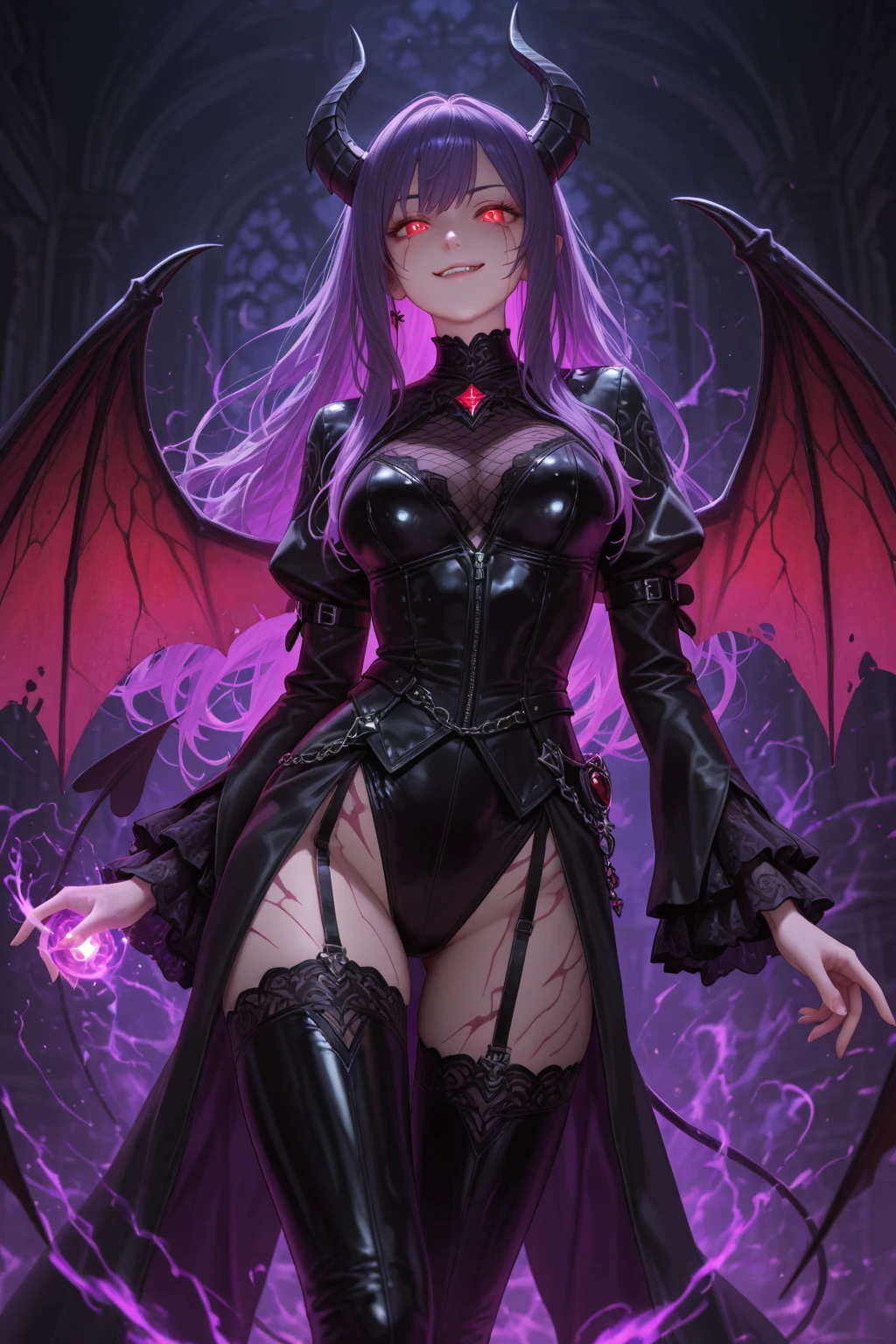 masterpiece,best quality,absurdres,high details,medium shot,<lora:Tasi_AFK_Anime:0.7>,Tasi_AFK,long white hair,fairy,fairy wings,dress,thighhighs,<lora:dark_persona_v1:0.7>,dark_persona_lora,evil smile,(dark persona),evil grin,corruption,corrupted,dark aura,crotch tattoo,possesed by demon,possesed,uniform,latex,<lora:wrenchsfantasy:0.7>,wrenchsfantasy,fantasy,glowing,glowing eyes,red eyes,<lora:Concept_-_More_Details_v1.0:0.7>,