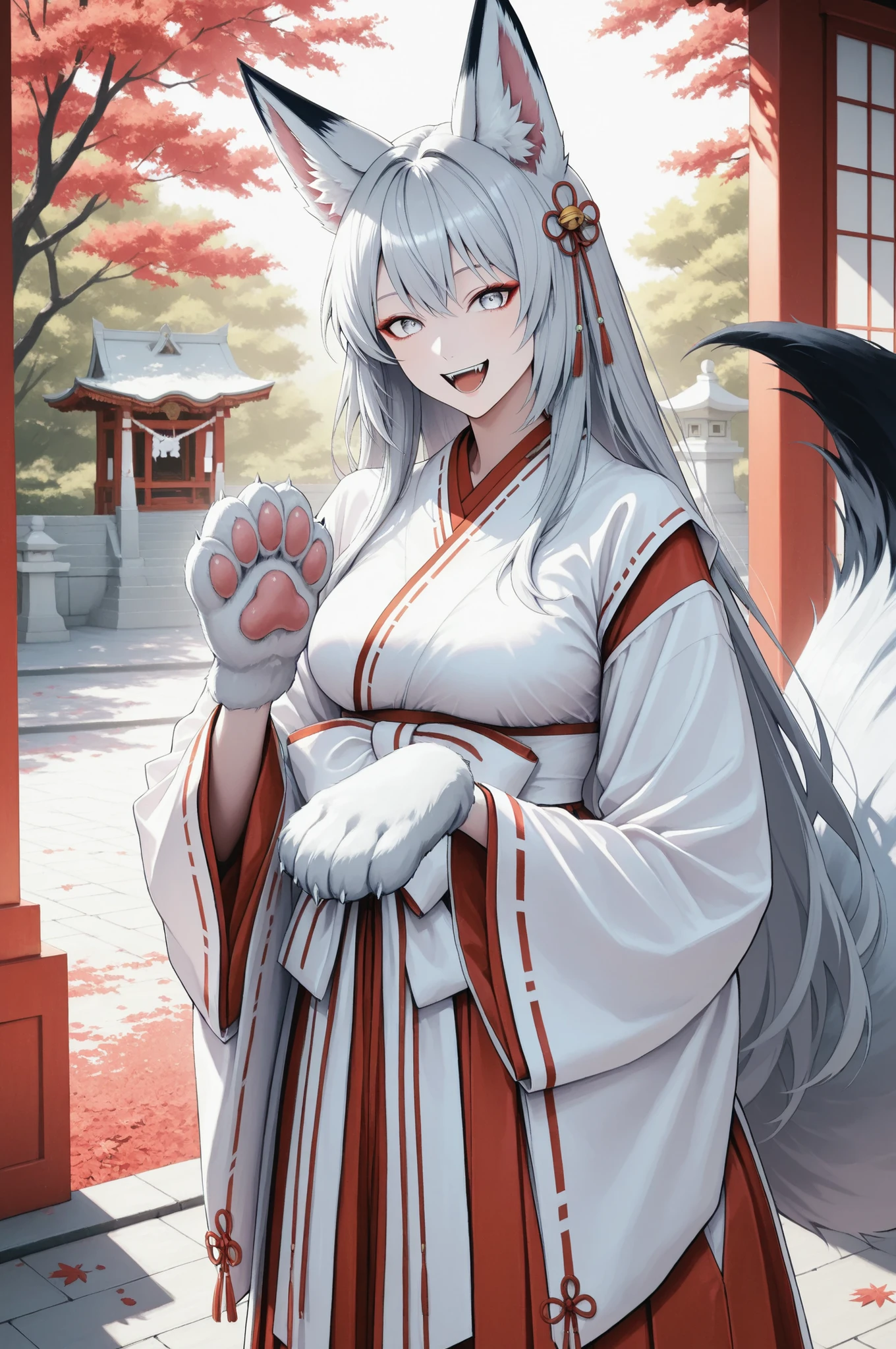 yukiko,Girl with shemo ears , Farley, Red and white shrine maiden costume, (god社の背景), Fox Beast Woman , 白Fox Beast Woman , (fox ears, fox tail, Fox's front paws, paw:1.2), 美Seems, Exquisite , Anime Style, gray hair, round face, big eyes, Smile Yan, open your mouth, graceful behavior, Delicate Body, god秘的, fantastic, natural light, Soft Shadows, Delicate Details, god々Seems, god聖な雰囲気, Traditional Japanese Style, Analog Painting, Superb painting quality, 8K, Super Realistic, physics-based rendering in front of the lane, vivid and vivid colors