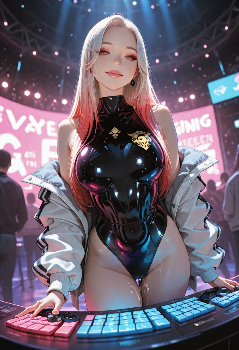 studio photo, beautiful woman perfect body half robotic half metal with iridescent black shimmering hair, standing alone, particles in the air, god rays, stars in the background, intricate fractals, detailed, (illustration) fragreality tech, universe, scifi, shattered warped reality , refractions, space time , clock, giga woman, silver glowing hair , strange fantasy image, odd glowing rocks, beautiful, detailed, long flowing hair, medium breasts, great skin texture
