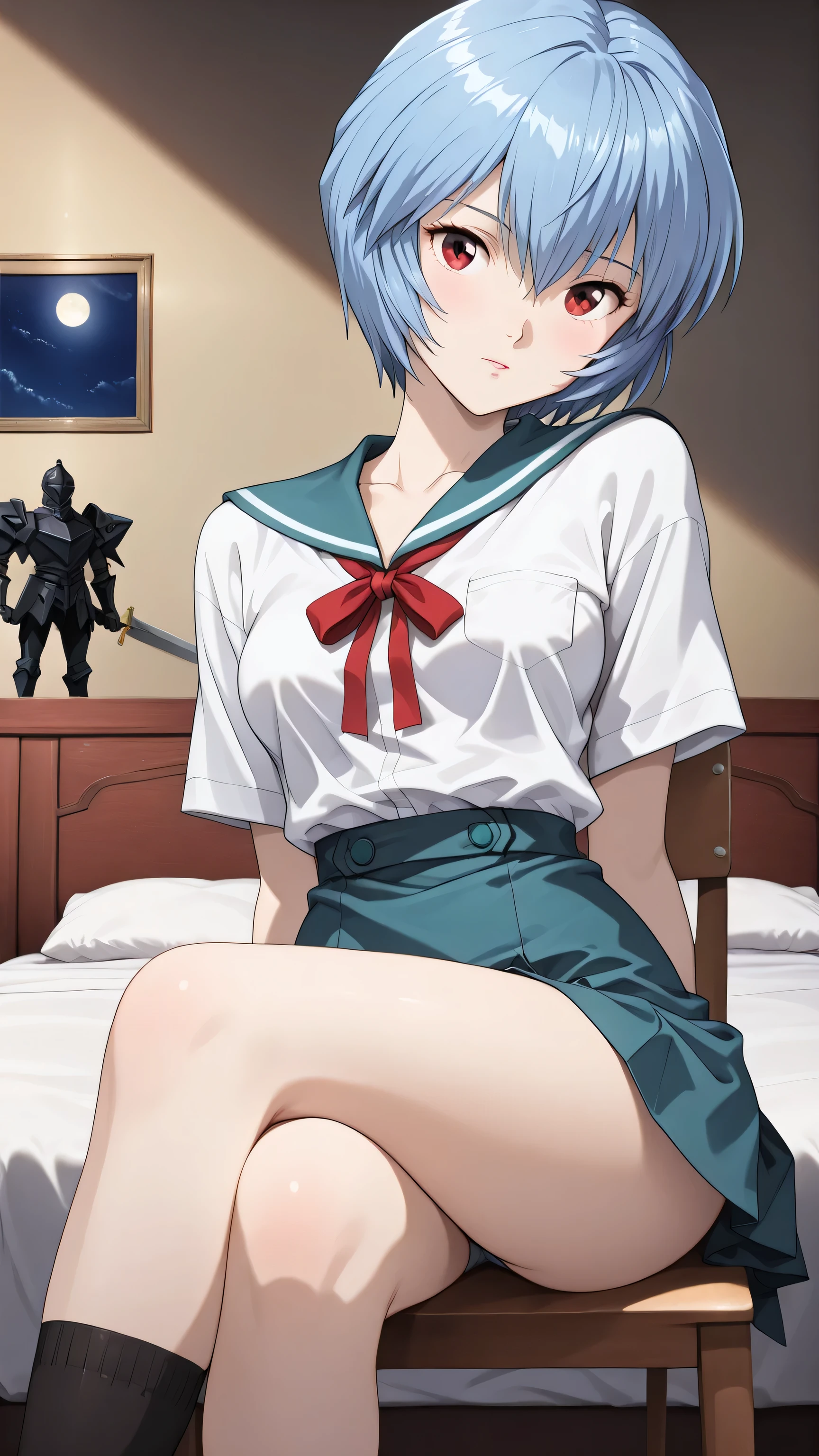  cinematic, (masterpiece), (Highest Quality), (Super Detailed), very aesthetic, Illustrations, realistic Illustrations, Perfect configuration, complicated details, super high resolution, detailed face, (anime, masterpiece, complicated:1.3), (Highest Quality, High Resolution Textures, very detailed:1.2), (4K),(incredibly detailed:1.4),detail eyes from the camera's point of view,   Real Shadow,  1girl,Ayanami Rei from below, (school uniform,bandage,)
bright room、sit on a chair、legs crossed、,moonlight,1980’s anime style, ,effect ,(show The Dark Knight:1.3)、cowgirl position, open legs, on bed、、A woman is grabbed by the chest from behind by a man