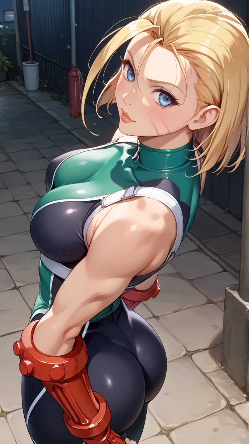 unparalleled masterpiece, ultra realistic 8k CG, perfect artwork, (1girl:1.1) , solo, ((perfect female figure)), (nsfw), looking at viewer, mature female, bimbo (android 18) standing, (teasing), best quality:1.1 , seductive posture, sexy pose, alluring, (beautiful), (curvy), (thick), blonde hair, (blue eyes:1.2), short hair, earrings, jewelry, denim vest, open vest, black pantyhose, black shirt, denim skirt, striped long sleeves, blue skirt, toned legs, fit, (abs:1.1), (big butt:1.4), peach ass, (athletic body:1.2), (large breasts:1.3, (big_breasts:1.1), wide_hips:1.5, narrow waist, small waist:1.5, slender body:1.2, thick thighs:1.3), (shiny skin:1.2), (hdr), (street:1.2), Nikon D850 film stock photograph Kodak Portra 400 camera f1.6 lens, rich colors, lifelike texture, dramatic lighting, unreal engine, trending on ArtStation, by Gerald Brom, by Frank Frazetta, by Luis Royo, by Julie Bell, by Boris Vallejo