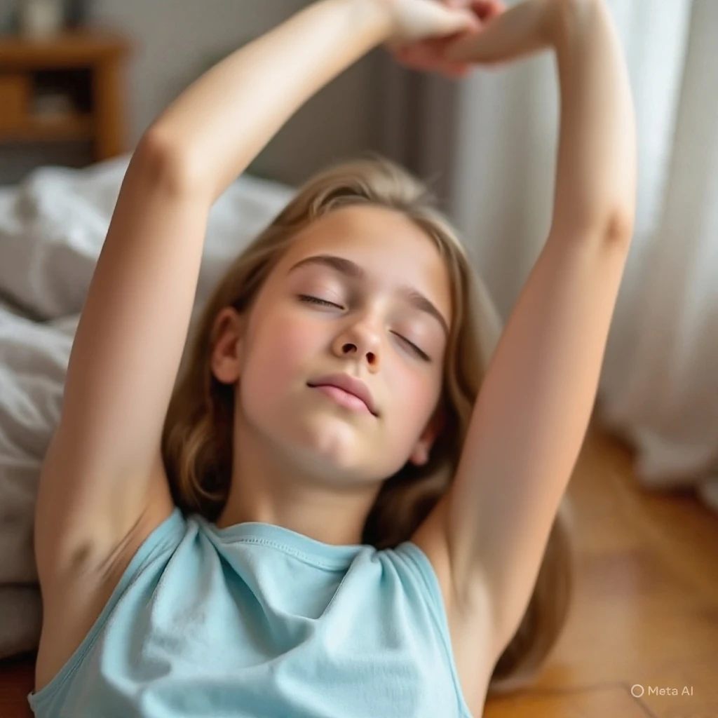 The 9th grade girl slept with her arms above her head