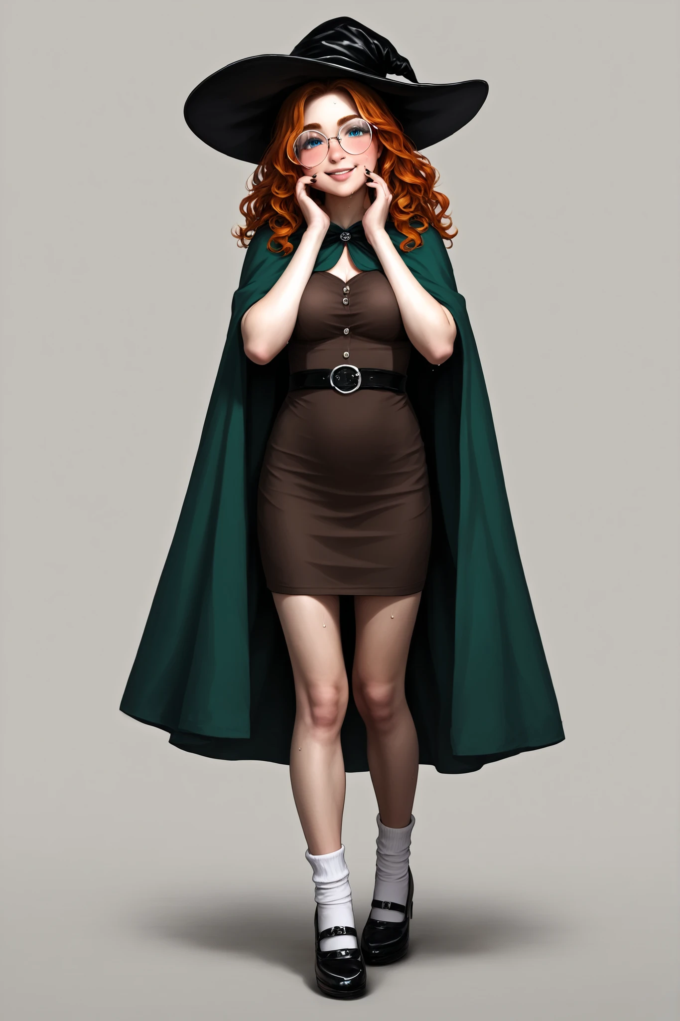 Sharp face details. realistic skin texture. Trending. Masterpiece. Detailed comics. Full body. thick outlines drawing. Dynamic character pose. main character. girl pale white skin, detailed dark-red eyebrows, right eyebrow up. thick eyebrows. perfect cute face, small nose. big cheeks. cute face. shy pose. detailed cute face. short girl 155 cm height. 45 kg weight. playful smiling face expression. looking at viewer with shy playful smile. beautiful lips, cute big cheeks, slightly blush. detailed medium breasts. sweat on cheek. detailed sweat. shy smile. cute face. Female is a cute small girl, short girl, petite body. 20 years old, standing pose, girl with long wavy hair, wavy bob-A hairstyle, messy fiery-orange hair. chaotic wavy hair. clear forehead. Oversized round glasses. perfect round glasses. adjusting glasses with one hand. detailed blue eyes, detailed body. detailed realistic skin, pale white skin. Huge black witch hat. Huge old witch hat. Black detailed hat. calf-length dress, peasant dress. peanut-brown dress. cotton brown dress. white socks. tight-fitting thin white socks. black mary jane shoes, green cloak. short green cloak on top. detailed hips. blush on the knees. blush on pale body. Dark nails. Detailed dark nails. character creation menu. simple character creation frame. goth girl aesthetic. logic body proportions, detailed skinny legs, perfect . realistic toes. realistic proportions. tender pale skin. pale-white girl. soft details, intricate details, masterpiece, ultra detailed face, high quality, 8k, fat outlines drawing. best quality, realistic, cinematic, powerful composition. dark souls atmosphere. A game of shadows. Clear. Simple white background. sensual and dramatic light. Sharp face focus, photorealistic details. Moody. expressionistic. dramatic chiaroscuro. realistic shadows. Ultra realistic, realistic graphics. Detailed fingers, detailed hands, detailed skin, Detailed face, realistic body, detailed face. Detailed eyes.