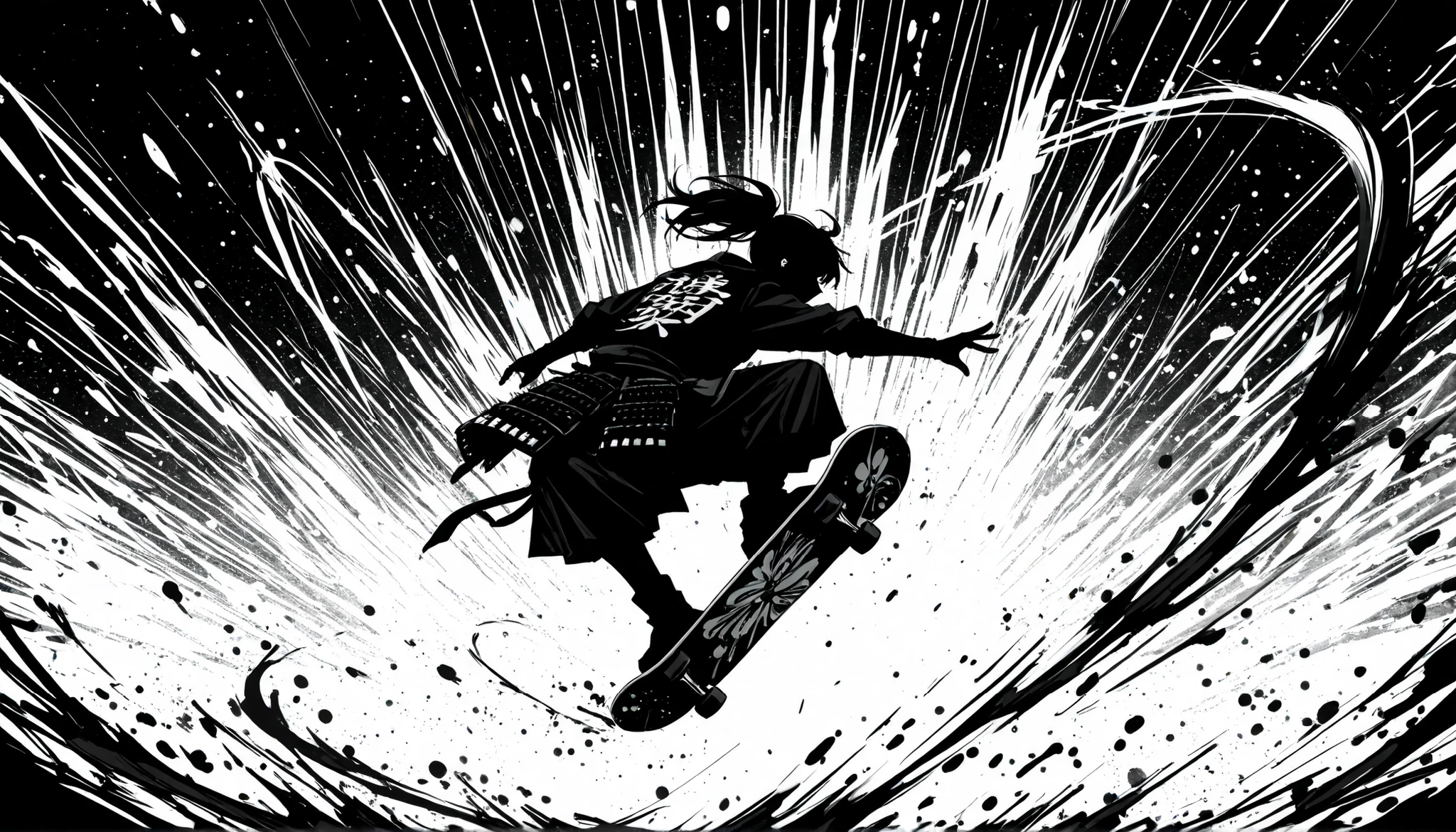 Sumi-e style monochrome illustration of a lone samurai wearing stylish, ornate Japanese armor, captured in an extreme close-up dynamic shot while performing a spectacular skateboard trick in mid-air, bold ink brush strokes, high contrast black and white tones, splashes of ink flying around, cinematic composition, intense motion blur, dramatic lighting, minimalist background, designed for a viral EDM music cover thumbnail, centered subject, modern and traditional fusion, ultra-detailed, high resolution, 16:9 aspect ratio