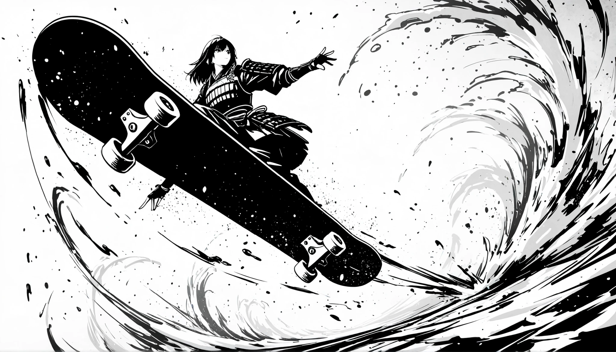 Sumi-e style monochrome illustration of a lone samurai wearing stylish, ornate Japanese armor, captured in an extreme close-up dynamic shot while performing a spectacular skateboard trick in mid-air, bold ink brush strokes, high contrast black and white tones, splashes of ink flying around, cinematic composition, intense motion blur, dramatic lighting, minimalist background, designed for a viral EDM music cover thumbnail, centered subject, modern and traditional fusion, ultra-detailed, high resolution, 16:9 aspect ratio