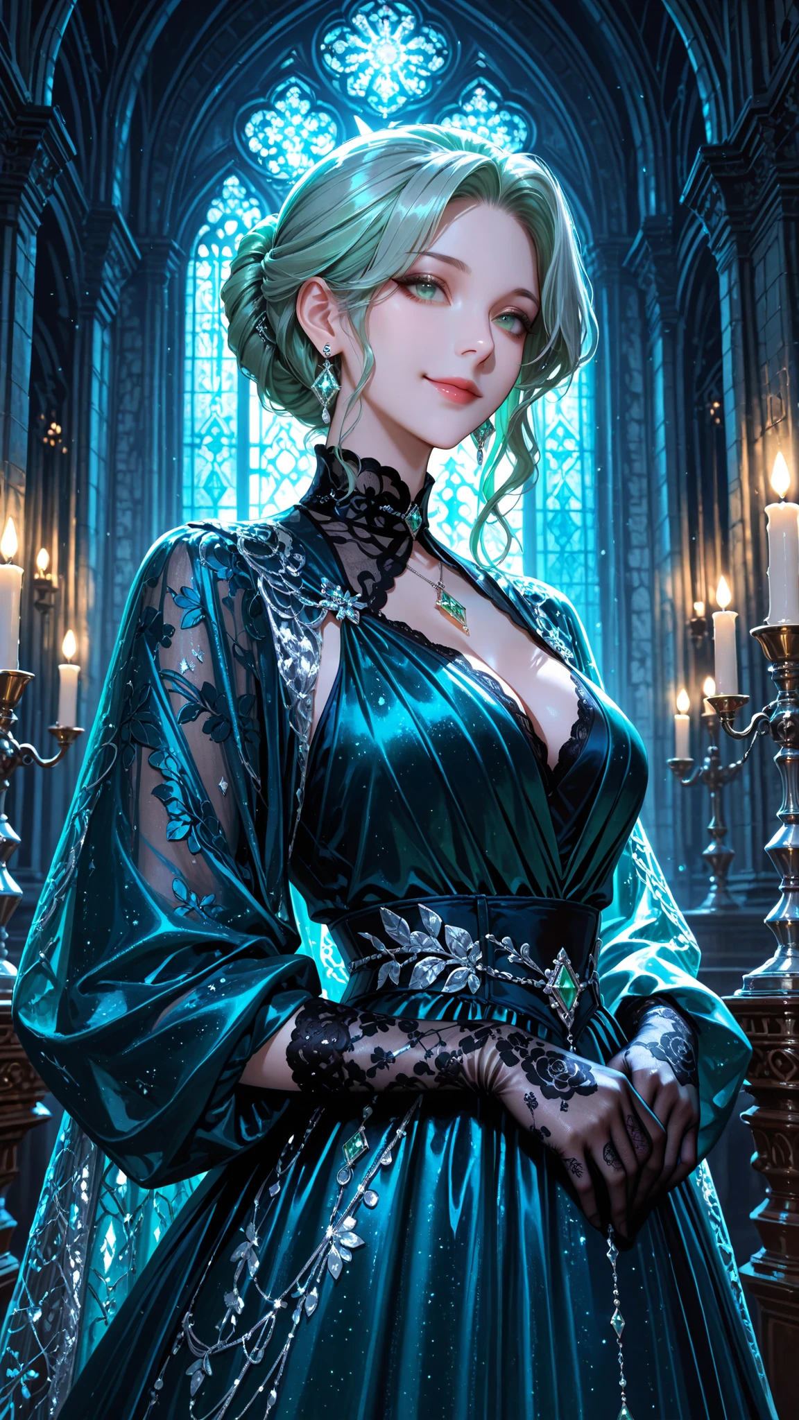 Superb quality , Masterpiece, RAW Photo Quality, noble woman, Deep Blue Silk Gown, Silver Thread Woven Pattern, Diamond Pendant, intellectual smile, Elegant Platinum-colored Updo, Clear Green Eyes, Swaying Crystal Earrings, Lace and Satin Gloves, Historic Gothic Architecture, Moonlight and Candlestick Light, Mysterious atmosphere