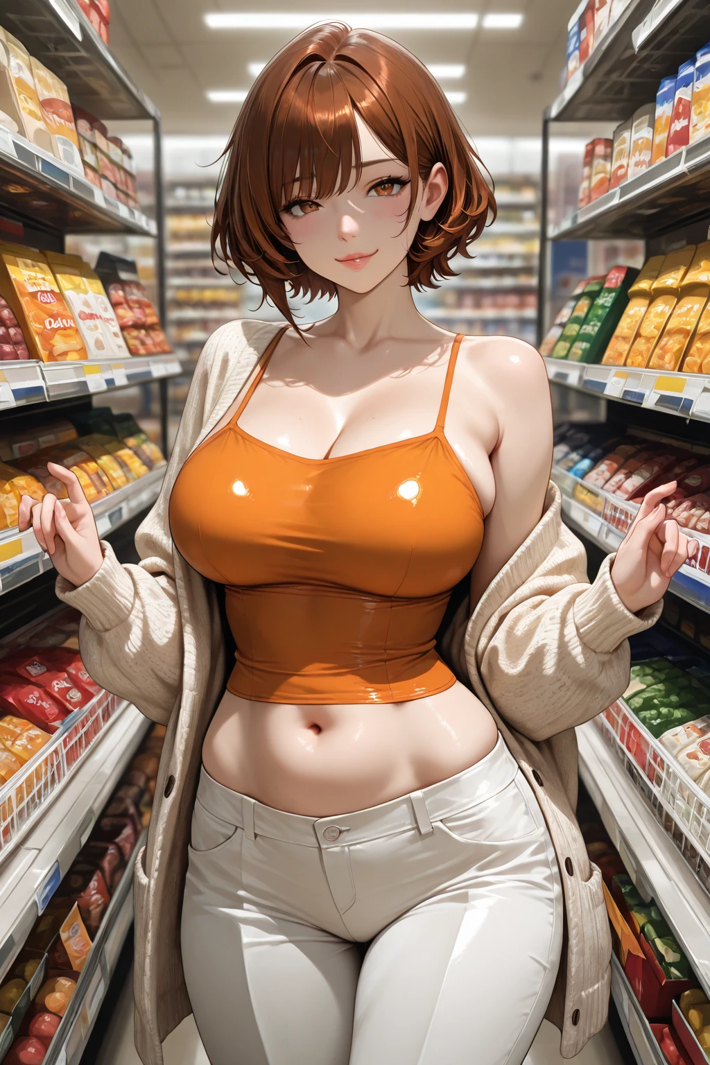 (become familiar with, masterpiece, highest quality, Complex),
cowboy shot, Kyoka Tachibana,
((big breasts)),
1 girl, alone, At a convenience store,
cute eyes, beautiful face, perfect round butt,
fit and body, perverted woman,
(Convenience store uniform with bold light blue stripes),
white shorts、
Early 30s, alone, white skin,
blue eyes, ((beautiful mature woman)),
enchanting smile, naughty face, Sweat, vapor, blush, Excited, (spoken heart),
Are standing, Best Sexual Poses,
(At a convenience store), Near the Ocean shore, (window, Ocean, null, cloud, Day), summer, indoor, perspective, bright lighting, Shelves with lots of products, white wall,