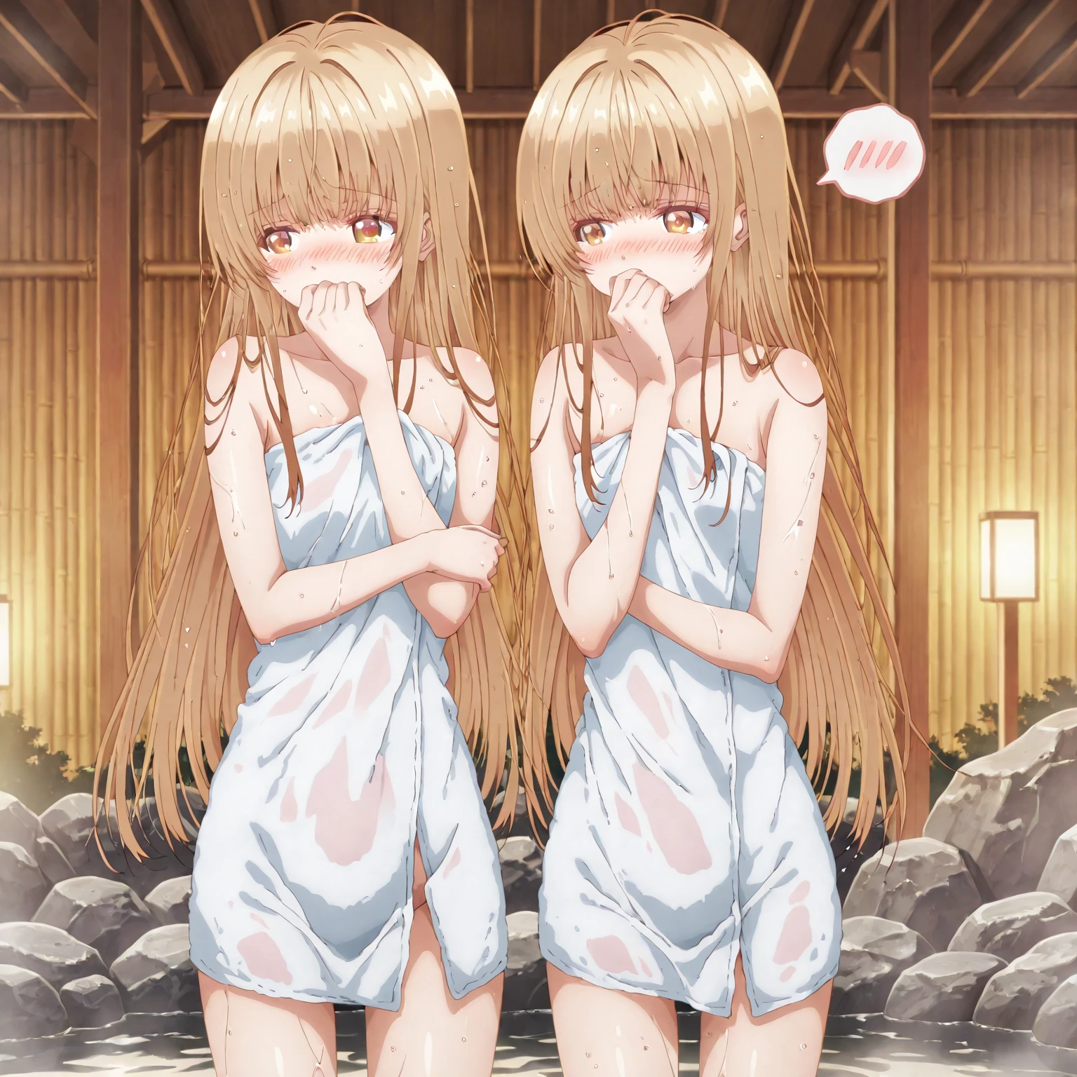 highest quality,masterpiece,((2 girls:1.5)),((smile:1.3)),(blush:1.3),((fun!!)),((flat chest:1.5)),(night:1.5),Blonde,((naked:1.5)),Kamimei,look at me,((hot spring)), Taking a break from watching the audience,Cowboy Shot,Light blue eyes,long hair,Glowing Eyes