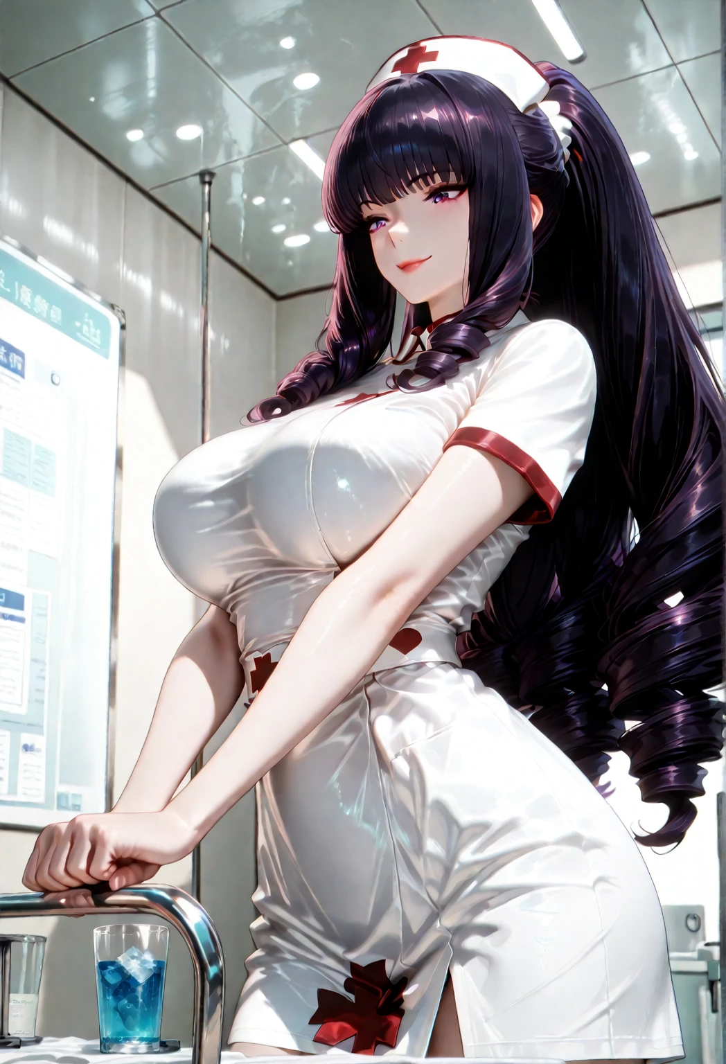alone, one, 1character on scene, spaceship, looking at viewer, character lynn minmay, long hair, big eyes with white sclera, nature lighting, face lighing, slim and shapely body, thin waist, large breast with puffy areolas and perky nipples, large hips, round ass, thick thighs, shapely legs, she is wearing a sailor school uniform with cleavage cutout, she is wearing a white long Dress, no cap.