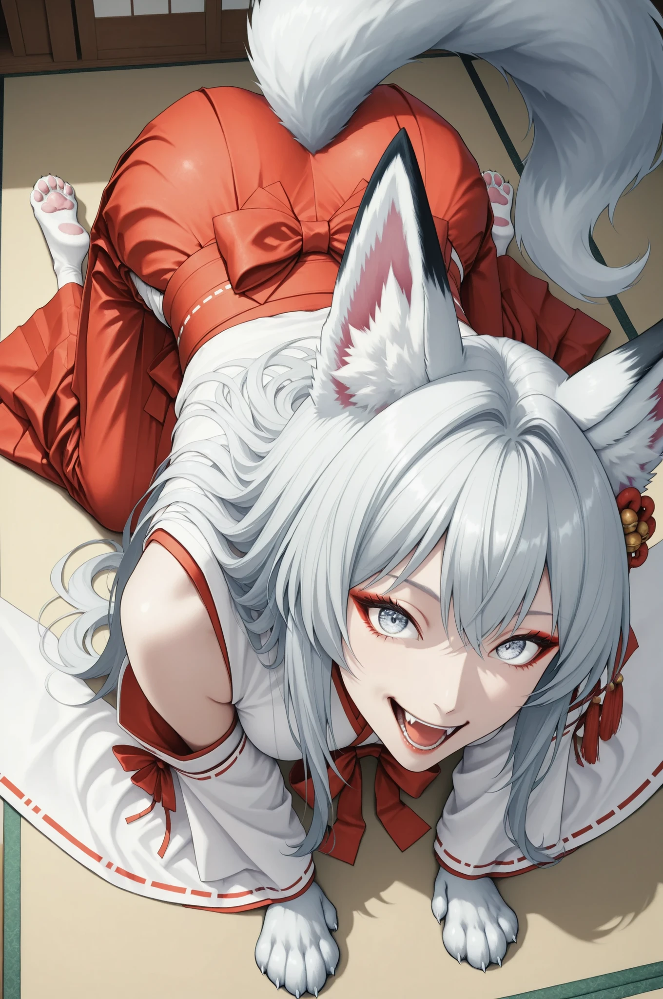 yukiko,Girl with shemo ears , Farley, Red and white shrine maiden costume, red hakama, (god社の背景), Fox Beast Woman , 白Fox Beast Woman , (fox ears, fox tail, Fox's front paws, white paw:1.2, , from above), Japanese-style room:1.2 , 美Seems, Exquisite , Anime Style, gray hair, round face, big eyes, Smile Yan, open your mouth, graceful behavior, Delicate Body, god秘的, fantastic, natural light, Soft Shadows, Delicate Details, god々Seems, god聖な雰囲気, Traditional Japanese Style, Analog Painting, Superb painting quality, 8K, Super Realistic, physics-based rendering in front of the lane, vivid and vivid colors