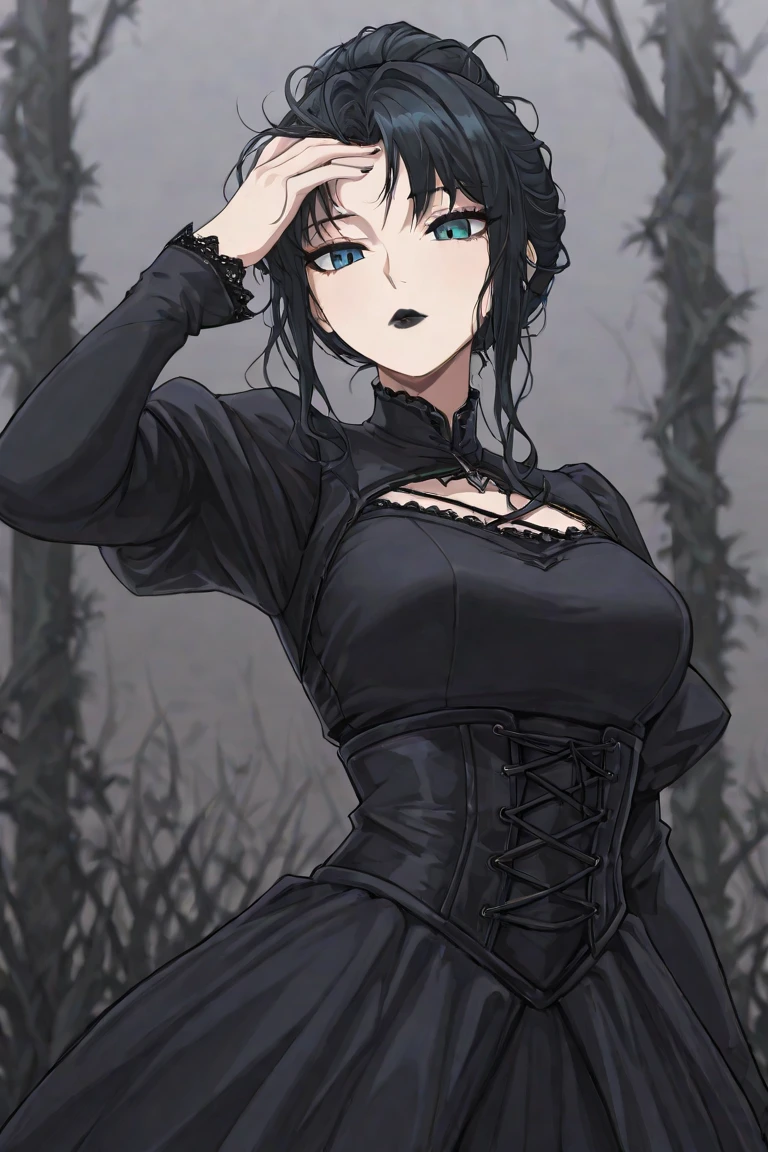 Chico, black hair, blue eyes, pale skin, black clothes, aristocrat suit, 1880s clothing,