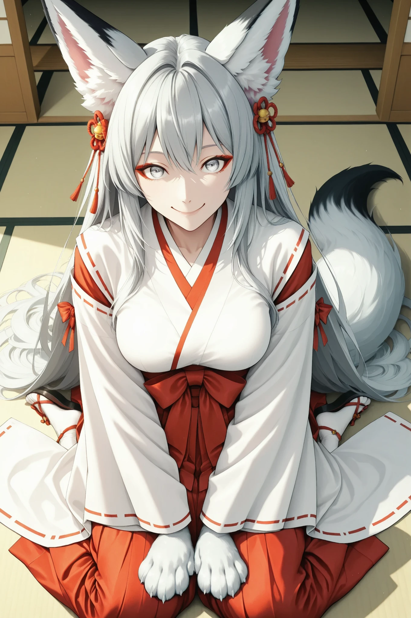 yukiko,Girl with shemo ears , Farley, Red and white shrine maiden costume, (god社の背景:1.2、Domestic), Fox Beast Woman , 白Fox Beast Woman , (fox ears, fox tail, Fox's front paws, white paw:1.2, wariza, from above), 美Seems, Exquisite , Anime Style, gray hair, round face, big eyes, Smile Yan, wave, graceful behavior, Delicate Body, god秘的, fantastic, natural light, Soft Shadows, Delicate Details, god々Seems, god聖な雰囲気, Traditional Japanese Style, Analog Painting, Superb painting quality, 8K, Super Realistic, physics-based rendering in front of the lane, vivid and vivid colors
