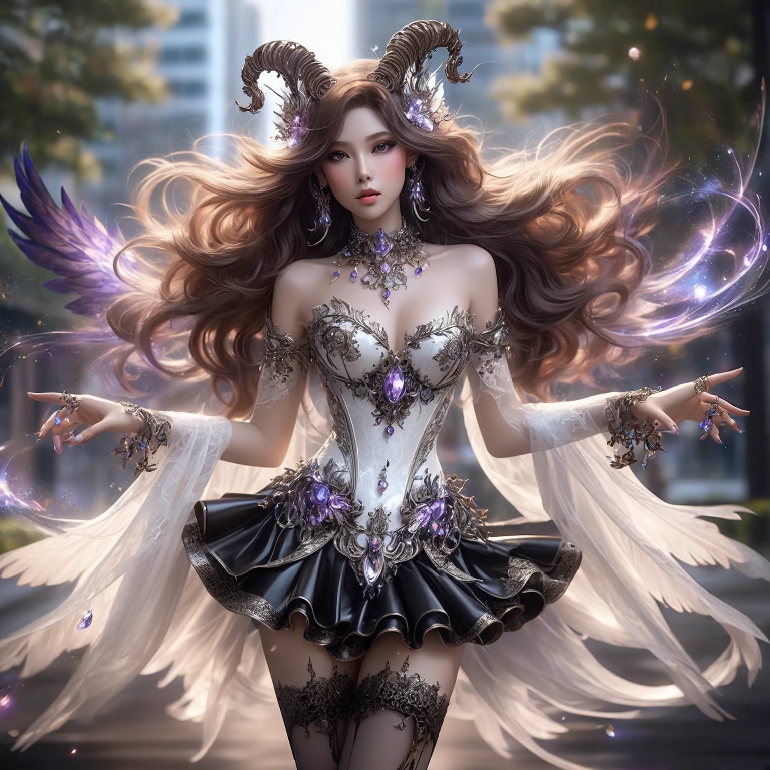 An asian woman with loose hair, standing on the stairs in the middle of a magical atmosphere, with a predominantly blue and red costume, a strapless corset-style dress decorated with bright purple jewels, a short tutu skirt, black thigh-high stockings with lace tops and ornaments purple jewels, white high heels with gold decoration, grand staircase background under mysterious sky full of stars and celestial bodies, crystal detailed, hyper realistic, hyperdetailTransparent clothing, Detailed gemstones, masterpiece, best quality:1.2),,(8k,highres,RAW photo,realistic,photo-realistic:1.3),(detailed skin texture,detailed cloth texture, beautiful detailed face:1.25),professional lighting,photon mapping,beautiful soft light,radiosity,physically-based rendering,raytracing, model shoot style, model shoot style, (extremely detailed CG unity 8k wallpaper), full shot body photo of the most beautiful artwork in the world (NSFW), (Nude), (Naked), (Nipple) (pussy) (exposed pussy) 