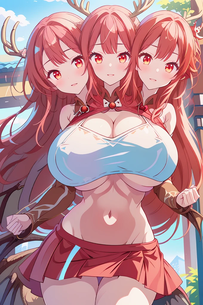 (masterpiece, best quality), best quality, (ultra-detailed), (3heads:1.5), 1girl, (Singyoku :1.3), masterpiece, best quality, ultra quality, ultra resolution, ultra detail, red top, crop top, ((stomach)), midriff, ((groin)), red skirt, normal ears, shackles, flowing red hair, very long hair, wavy hair, sidelocks, glowing red eyes, parted lips, detailed eyes, very beautiful eyes, smiling, cute, toned belly, hand on own chest, eyelashes, (24 year old woman:1.3), (masterpiece:1.5), (best quality:1.5), (beautiful detailed), extremely detailed CG, extremely delicate and beautiful, depth of field, (finely detailed face), (perfect details:1.2), (mature female:1.3), sexy body, slender, large veiny breast, 16k resolution, highres, very high quality, very high definition, extremely detailed, masterpiece, flowing red hair, long hair, alluring presence, braid, short skirt, close up, big tits, huge breasts, young, horns,