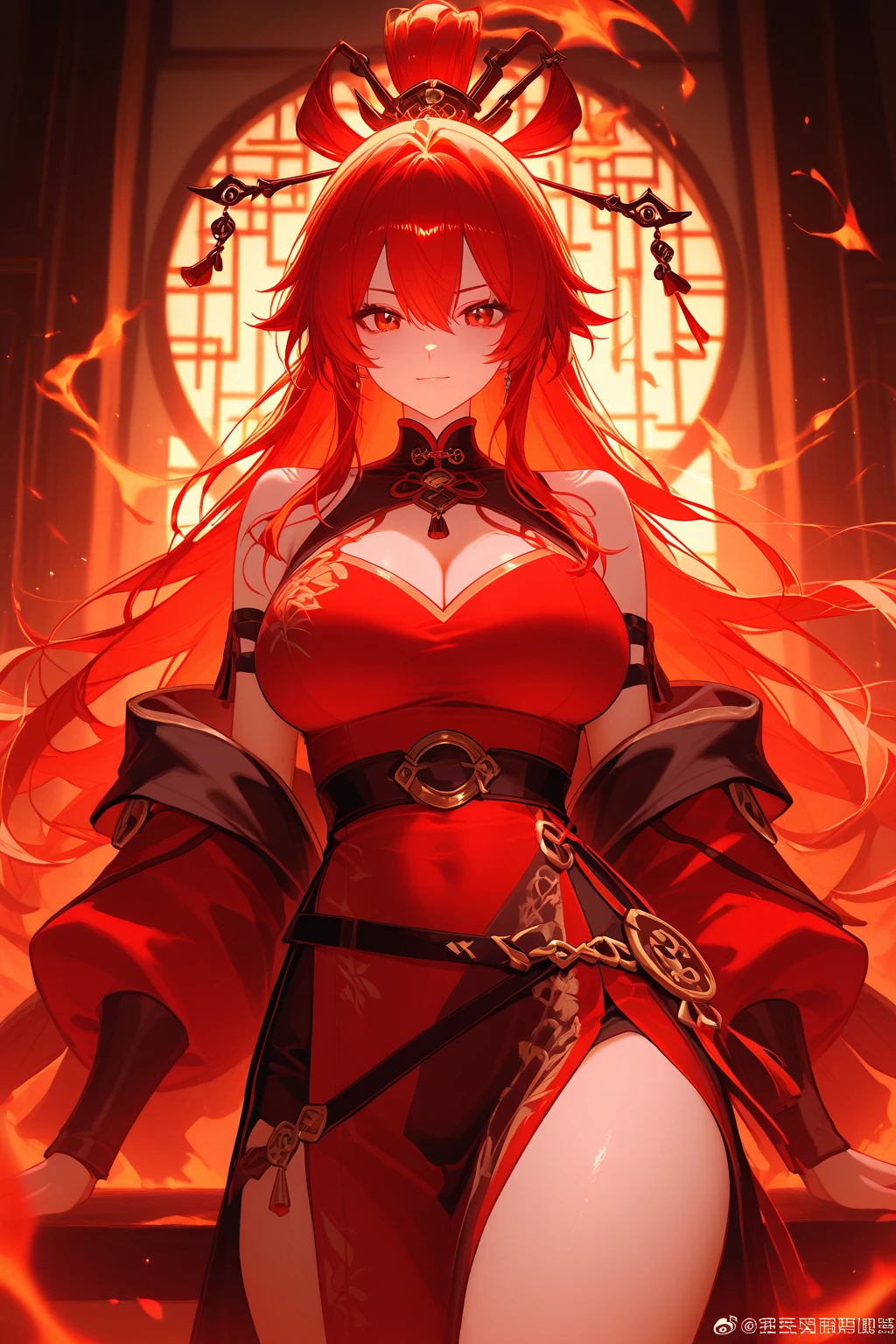 girl with red long hair, hair tied up, eyes upturned, cool girl, red sexy royal clothes, black stockings, 8k resolution, red sky, horn, magic, fantasy, sexy character, hair tied
