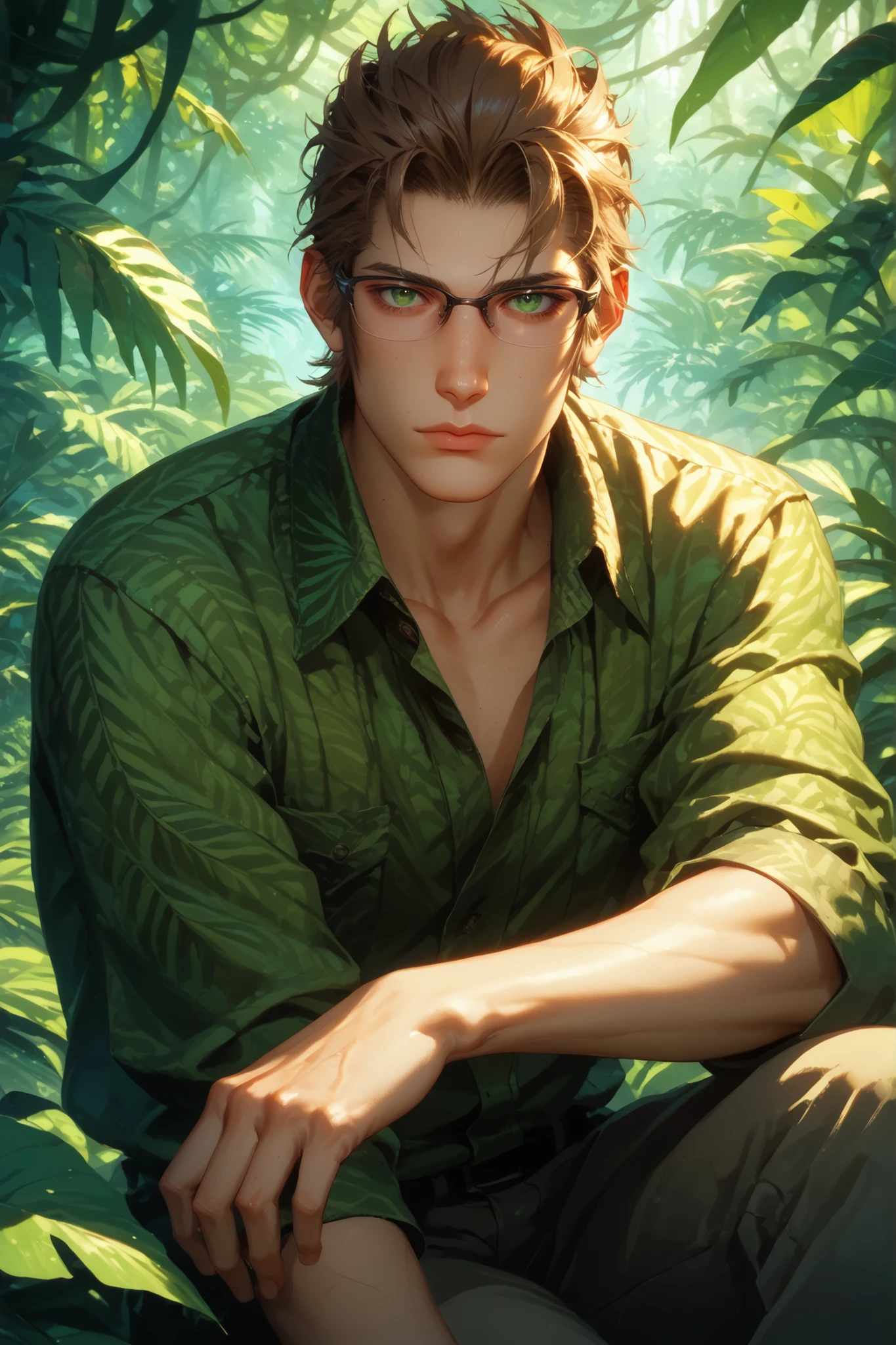 score_9, score_8_up, score_7_up,
<lora:FFIgnis:0.8>
FFIgnis, 1boy, brown hair, green eyes, glasses, looking at viewer, Rainforest canopy with sunbeams, vibrant and lush, sitting