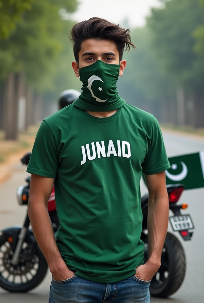 A person worn Pakistan green T-shirt with name SAIM and green face mask of Pakistan and with uperr sitting on green car 