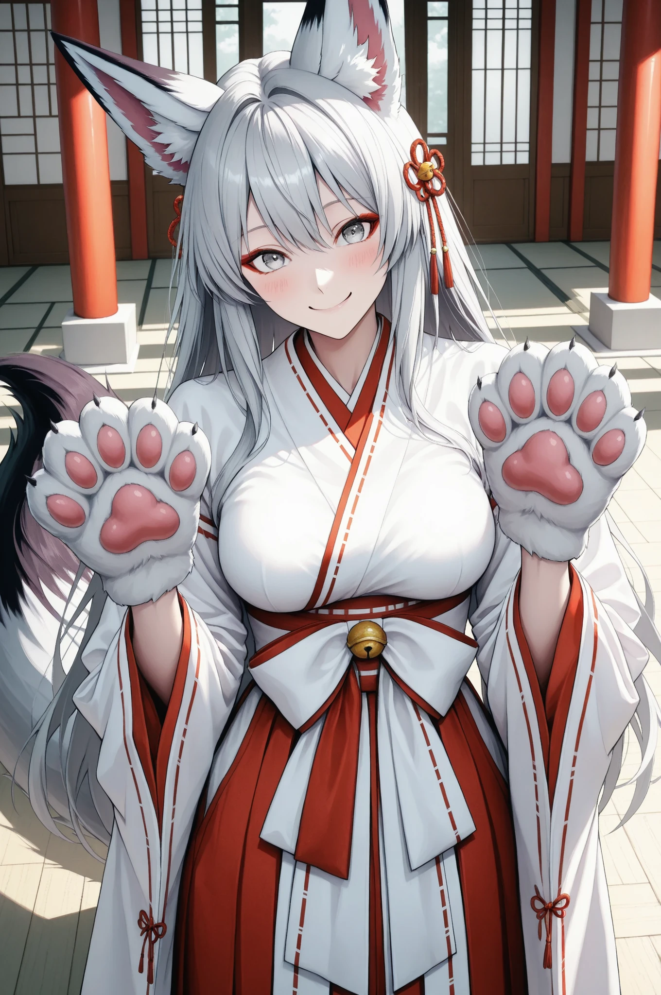 yukiko,Girl with shemo ears , Farley, Red and white shrine maiden costume, (god社の背景), Fox Beast Woman , 白Fox Beast Woman , (fox ears, fox tail, Fox's front paws, paw:1.2), 美Seems, Exquisite , Anime Style, gray hair, round face, big eyes, Smile Yan, Blush, graceful behavior, Delicate Body, god秘的, fantastic, natural light, Soft Shadows, Delicate Details, god々Seems, god聖な雰囲気, Traditional Japanese Style, Analog Painting, Superb painting quality, 8K, Super Realistic, physics-based rendering in front of the lane, vivid and vivid colors