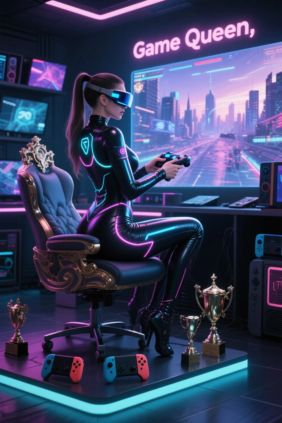 masterpiece, best quality, high resolution, 8k, (Portrait Photos:1.5), (R Original Photo), real picture, Digital Photography, (A fusion of cyberpunk and fantasy), 20 year old girl, solo, (((black sunglasses, headphone))), Feel free to hairstyle, Purple Eyes, By Bangs, (large breasts, cleavage, Accessories, Elegant and charming, Combination of cyberpunk and fantasy style clothing, Hollow carving design, Photo poses, Realistic style, (((((((pistol shooting pose))))))), oc render reflection texture, sentry, (((((aerial view of Cyberpunk style future city, giant (((chess pieces shaped))) buildings, without chess board))))), night, Bustling streets, (((((half-body (thigh level) medium shot))))).