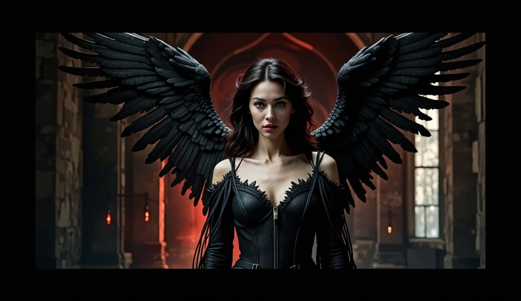 Emma Watson ultra-detailed: The Empress of Darkness, Background to the destruction of hell, diabolique, insidieux, invincible, couronne sombre, Evil queen, Robe noire et rouge, demon wings dans le dos, Demon horn, Realistic detailed eyes, Shaded illustration of a high-quality cell in hell, corps entier, pose dynamique, anatomie parfaite, centered, Freedom, soul, Approche de la perfection, Ombrage de cellule, 8k , Cinematic dramatic atmosphere, Illumination globale, detailed and intricate environment, ArtStation, Art conceptuel, mise au point fluide et nette, volumeric lighting, lighting cinematic