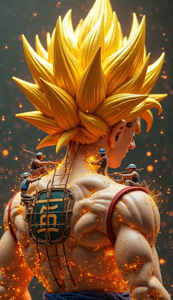 (Eine detaillierte Zeichnung von Son Goku, bodybuilding gym on the Beach.), shirtless, barefoot